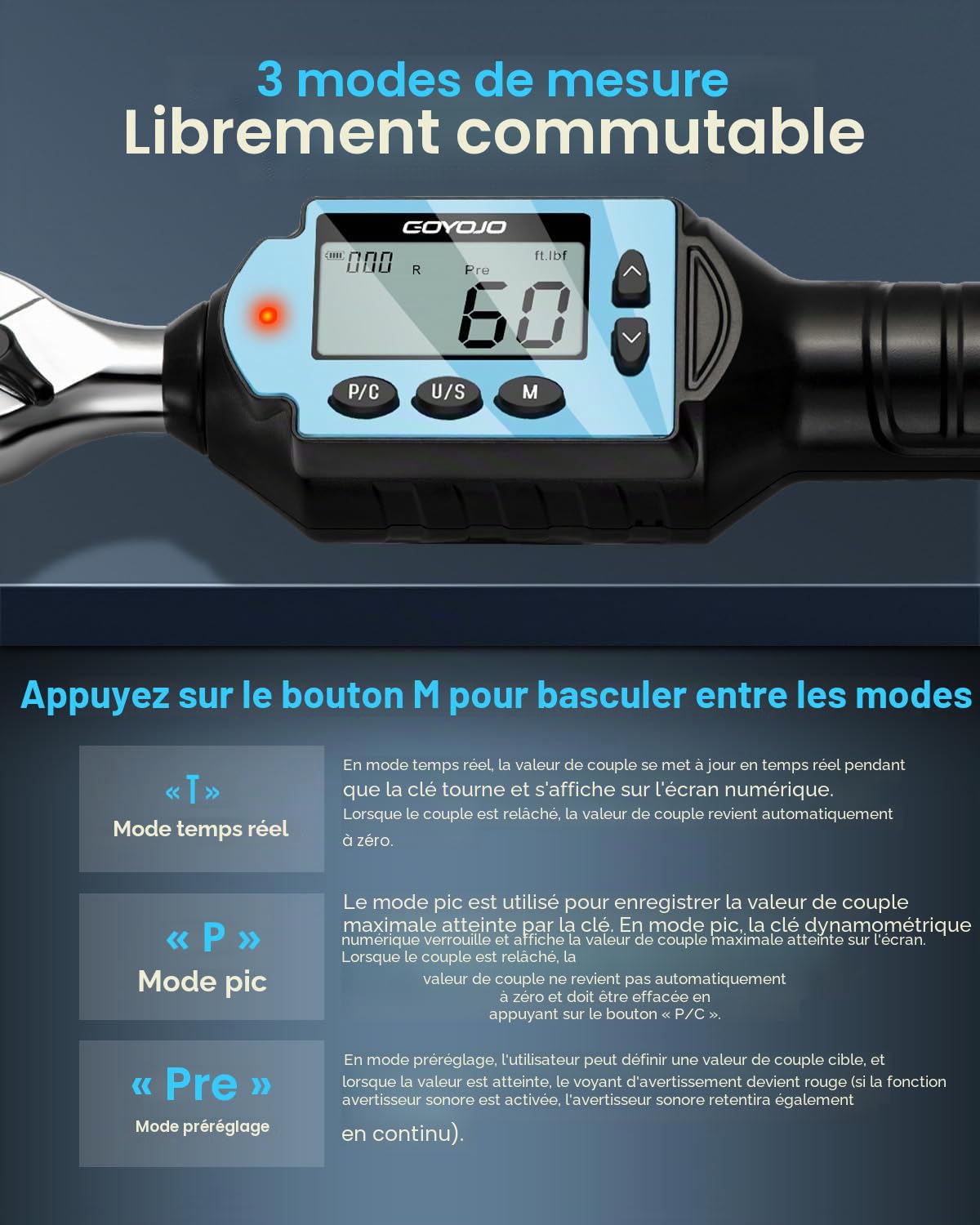 GOYOJO Cle Dynamometrique Numérique de Haute Précision, Couple Polyvalent de 1/4" 3/8" 1/2" Capacité de Couple Maximale de 7.37-73.76 ft.lb Parfaite pour L'automobile et La Moto (1/4-10Nm)