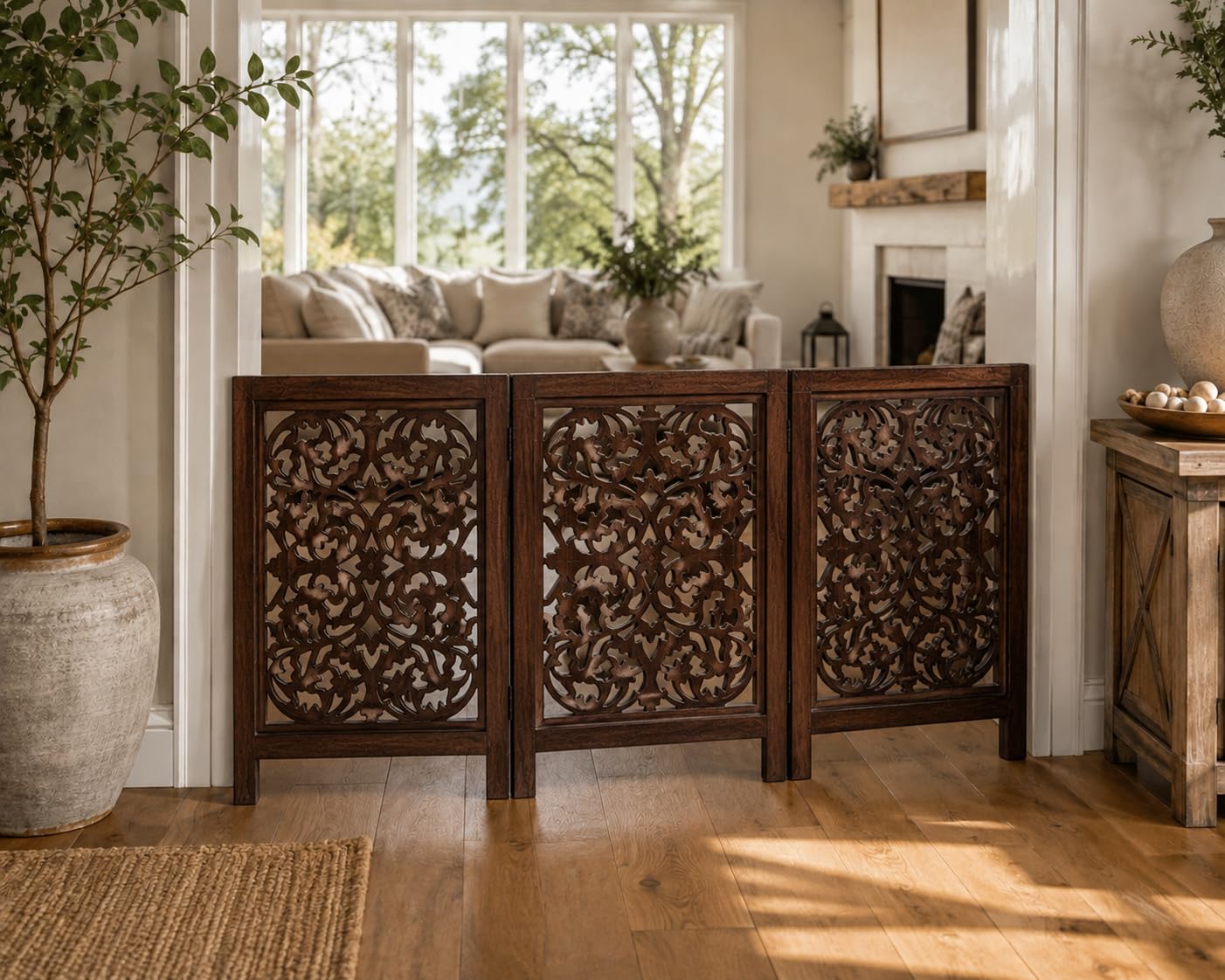 Freestanding Dog Gate for Stairs and Doorways, Folding Wooden Pet Gate Indoor, Decorative Dog Barrier Fence, Expandable Puppy Gate for Kitchen, Hallway, Living Room & Staircase -Brown-image-27