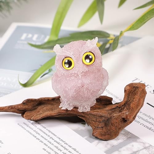 Miniatura 5 de Rockcloud Estatua de búho de cristal de cuarzo rosa de resina, piedra de bolsillo, hecha a mano con búho orgánico para decoración de escritorio de
