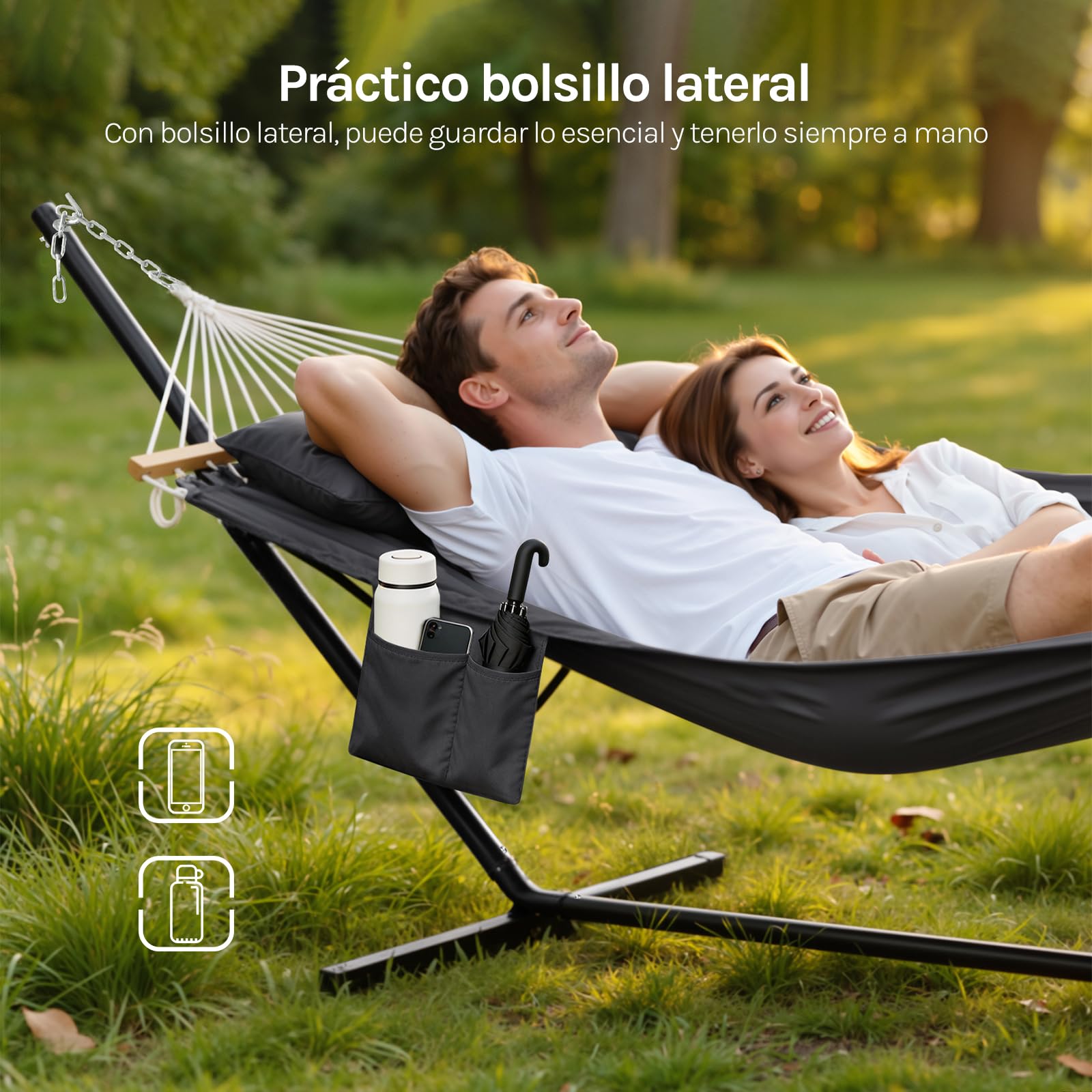 WOLTU Hamaca 2 Personas con Soporte de Metal, Hamaca Columpio para Jardín Exterior, Capacidad 250 kg, con Reposacabezas y Bolsa de Transporte, Antracita