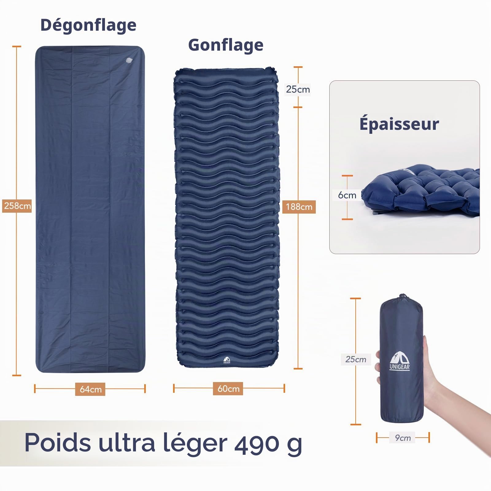 Unigear Matelas Camping Gonflable 1 Place Ultraléger Résistant à l'eau | Matelas autogonflant compact pour tente et sac de couchage, adapté au bivouac, voyage, plage et randonnée, rangement facile