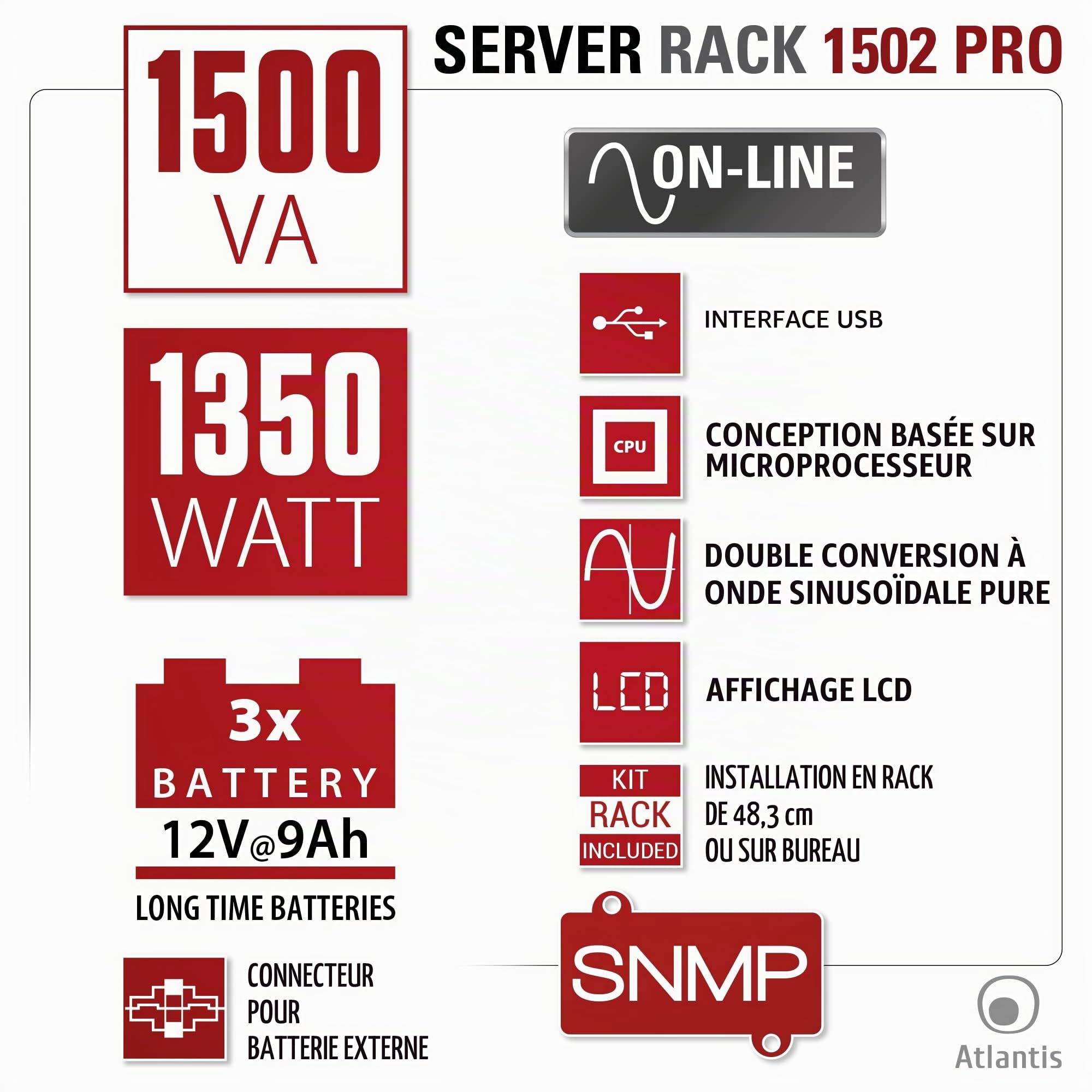 Atlantis A03-OP1502P-RC Pro Onduleur (UPS) Online Double Conversion et Pure sinusoïde avec Une Puissance de 1500VA 1350W, Serveur Rack, écran LCD, USB, RS-232, 8 Sorties IEC, Slot SNMP, 3x12V-9Ah