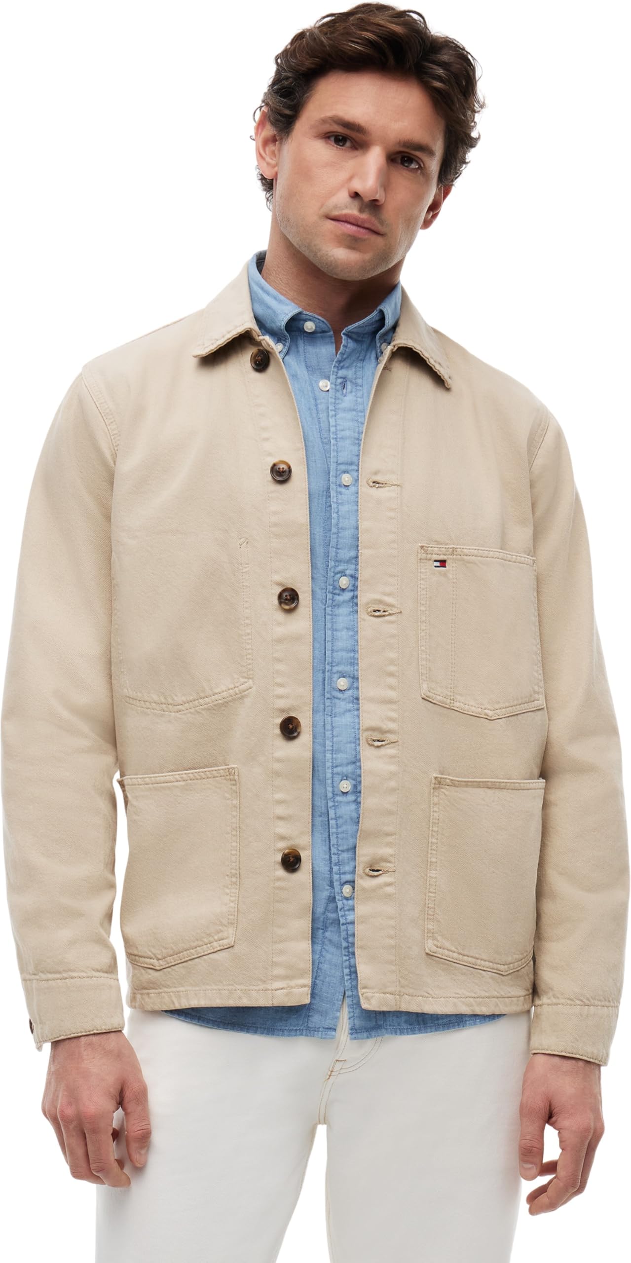Tommy Hilfiger Men’s Shirt Jacket Chore Jacket in Cotton, Beige (Sandalwood), S