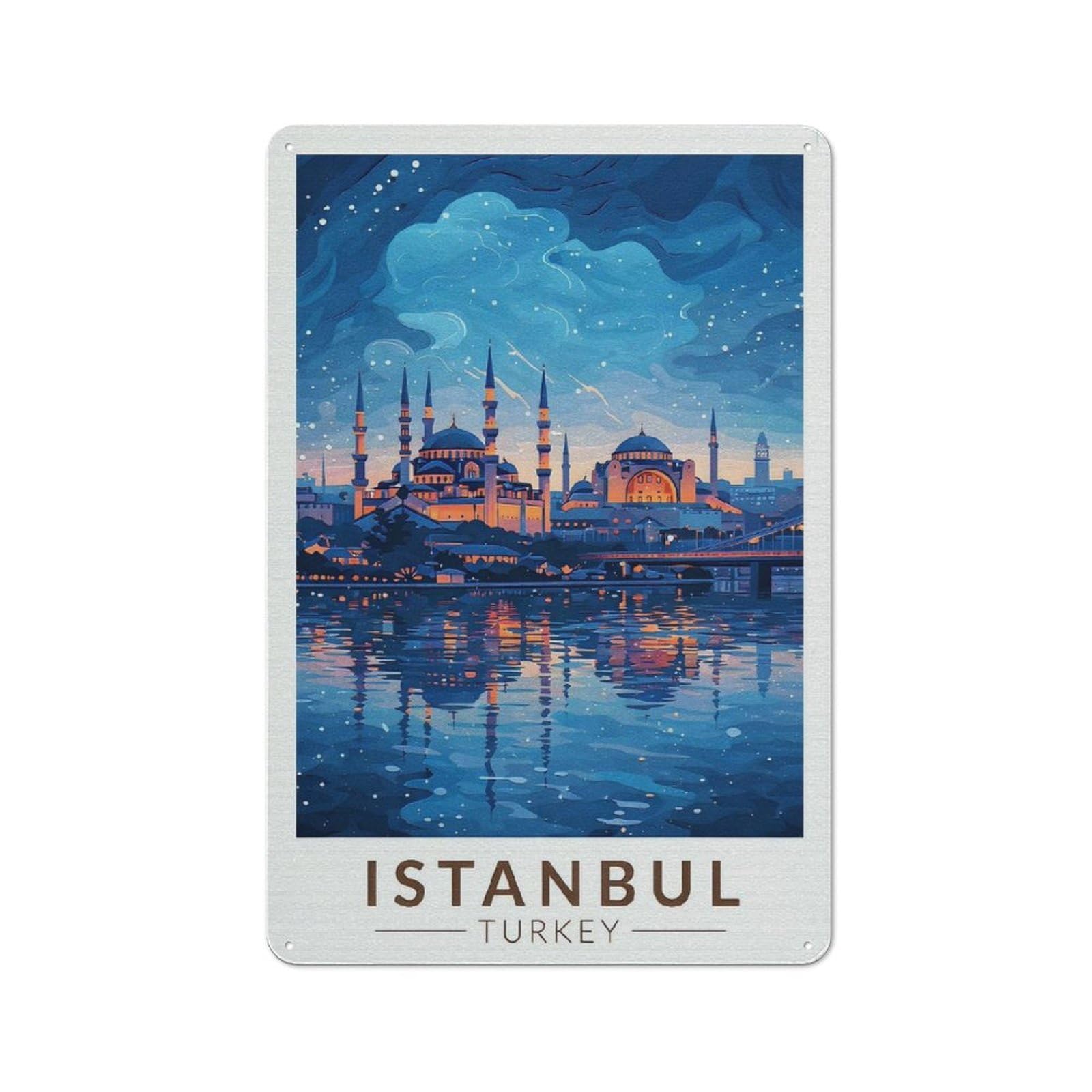 Junmoney Style-15 Istanbul Cityscape At Night Retro Metal Wall Decor 30X20cm, Tin Wall Sign For Coffee Bar, Small Shop Or Dining Room