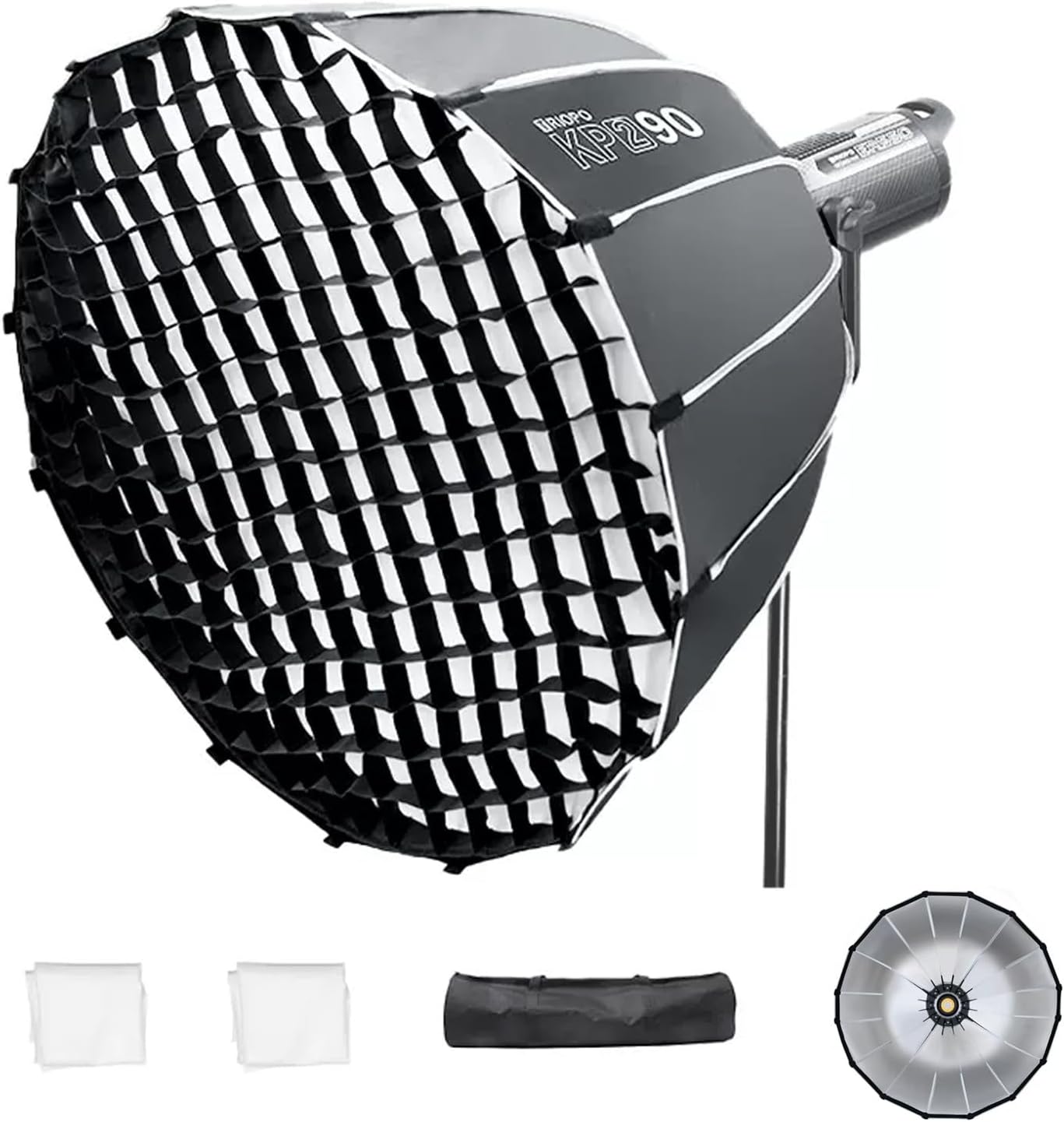 Triopo 35.4inch/90cm Parabolic Softbox Bowens Mount Soft Boxes with Honeycomb Grid, Quick Set up Quick Folding, Compatible with Aputure 120d Light Dome Godox SL60w NEEWER RGB CB60 Bowens Mount Lights