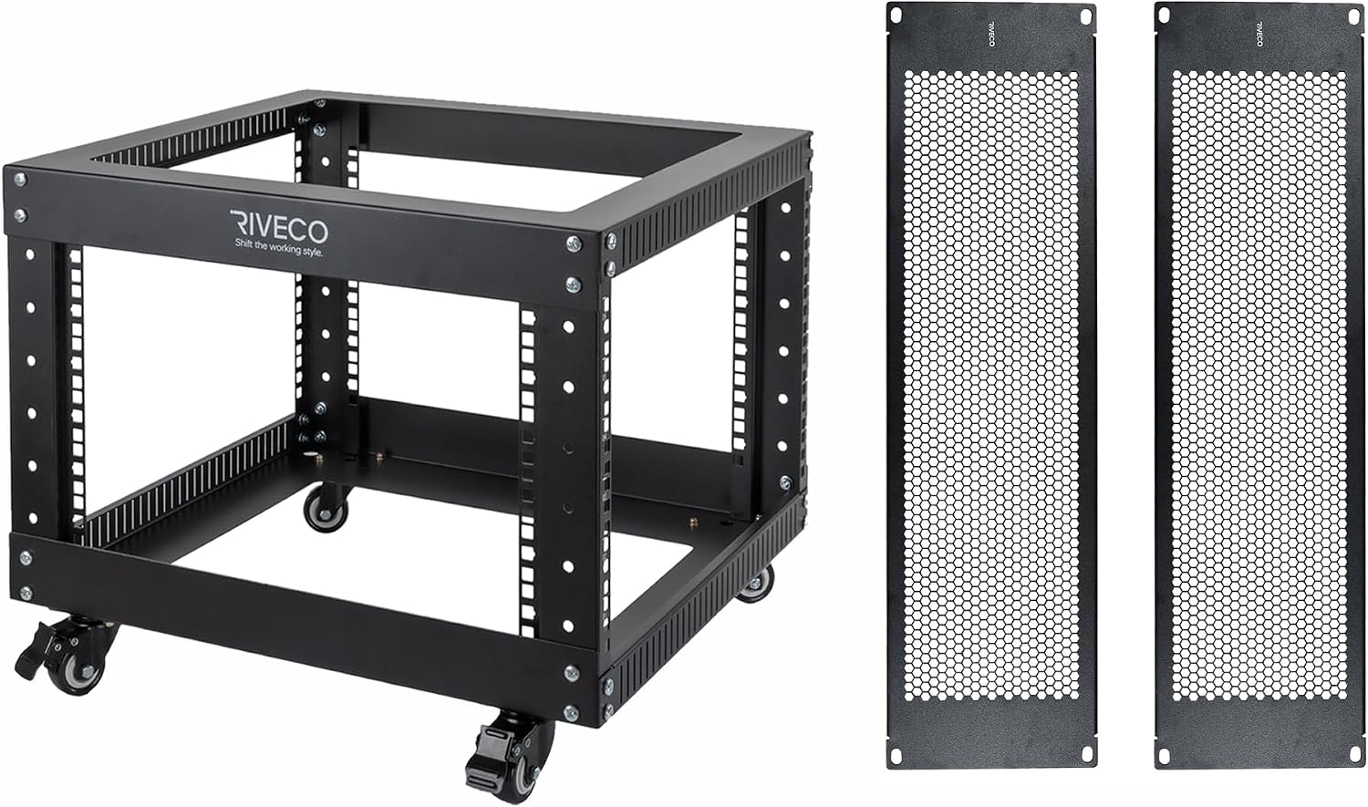 RIVECO 6U Open Frame Server Rack with Wheels- Heavy Duty 4 Post 19-inch Support 600KG Equipment Home Network Cabinet & 3U Vented Panel 2PCS