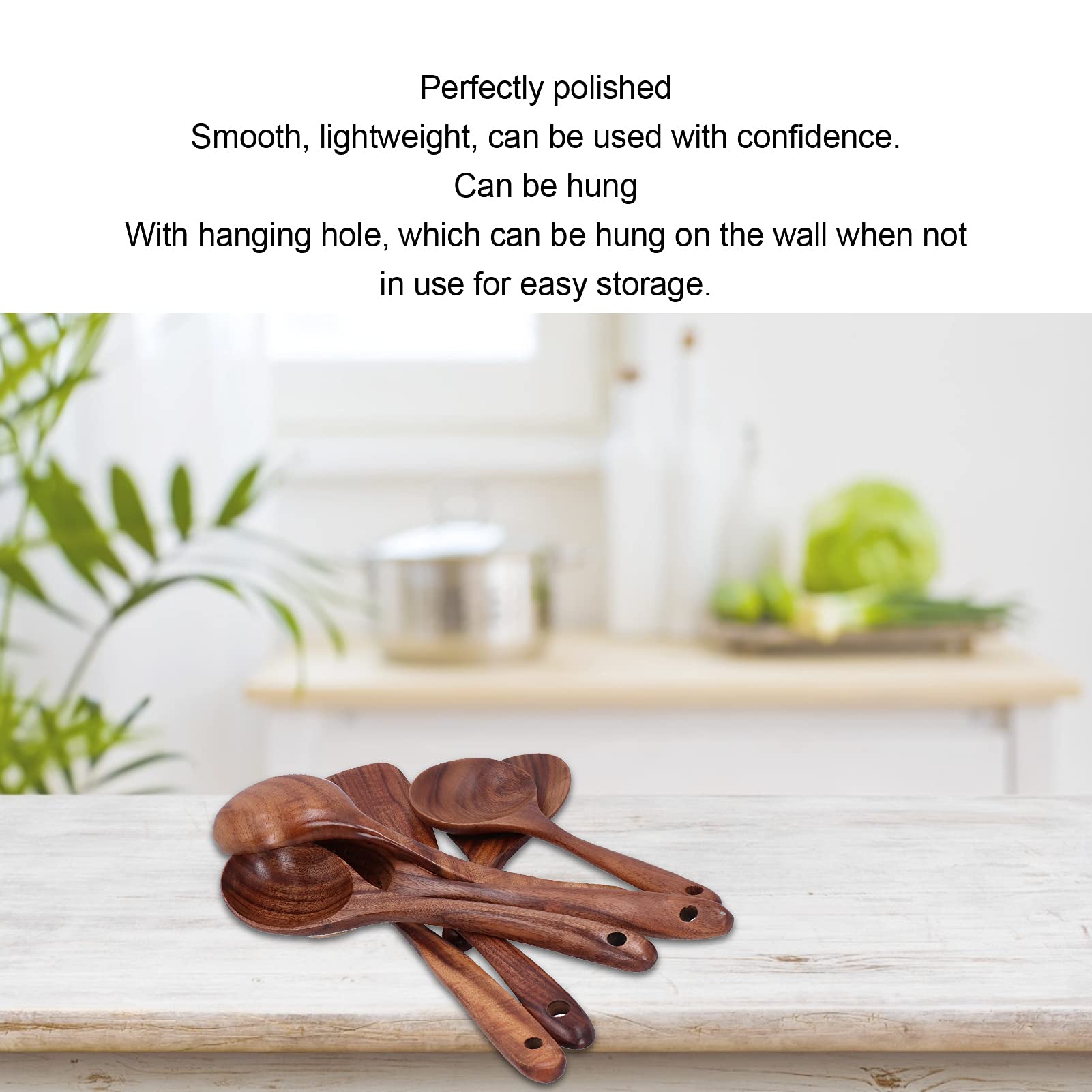 Set Di Cucchiai E Spatole In Legno Per Cucina Antiaderente | 5 Pezzi Utensili In Legno Naturale Con Manico Lungo