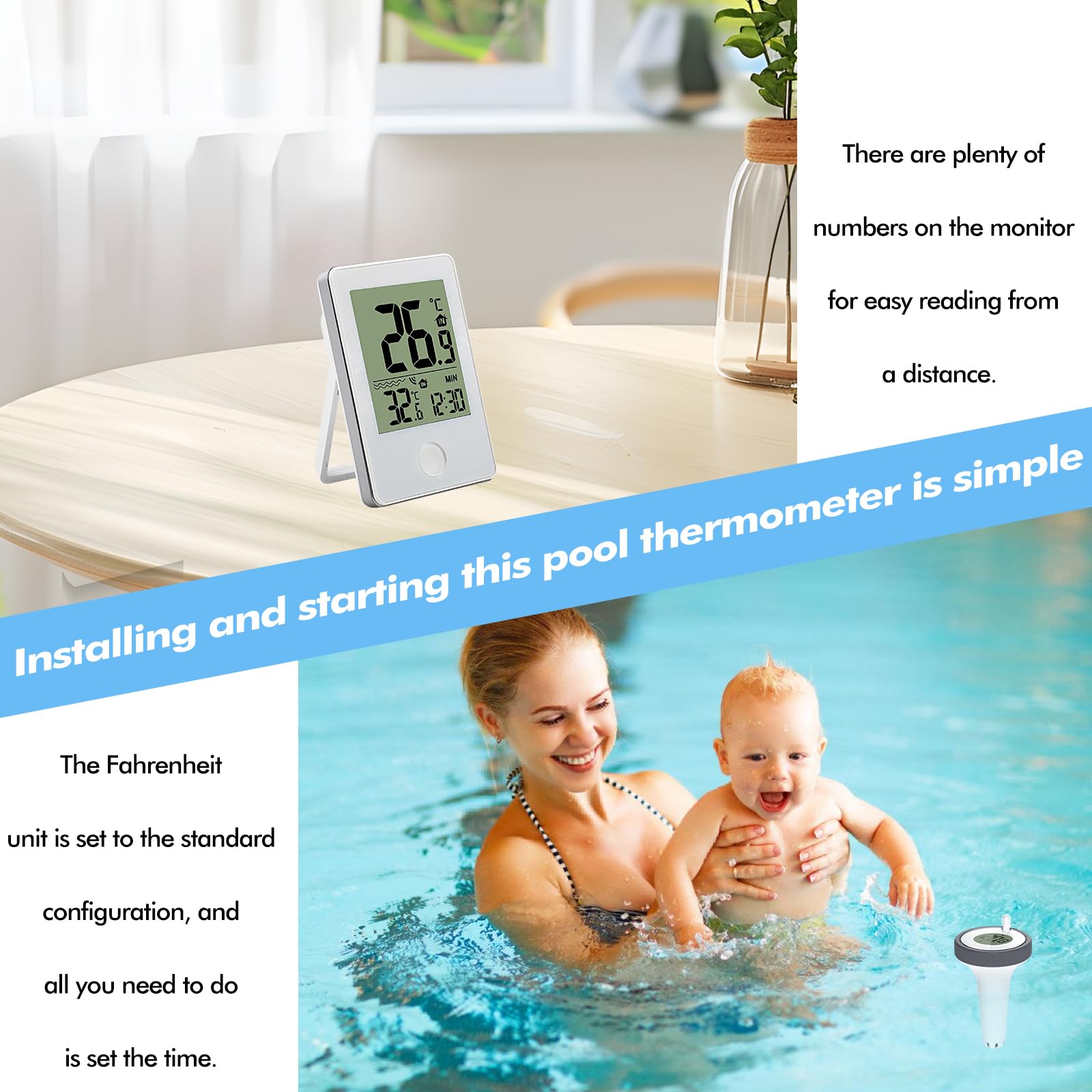 Thermomètre numérique de piscine sans fil : thermomètre flottant avec moniteur de température intérieure, thermomètre de natation pour piscines, aquarium, baignoire, étang, installation
