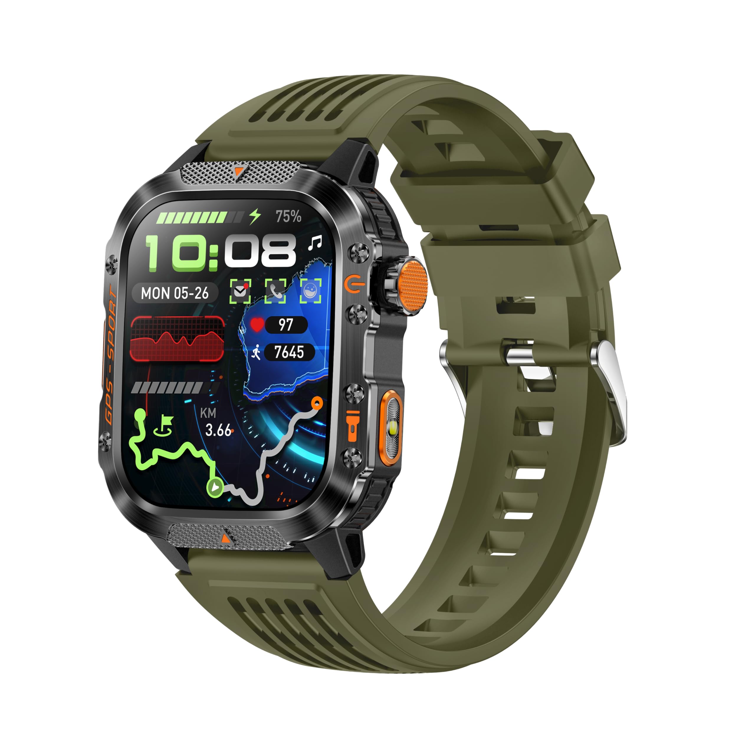 GPS Running Watch for Men Women, 2.01" Fitness Watch with GPS Compass Altimeter, Bluetooth Calls, Heart Rate &amp; Sleep Monitor, Waterproof Outdoor Watch (Green Silicone Strap)