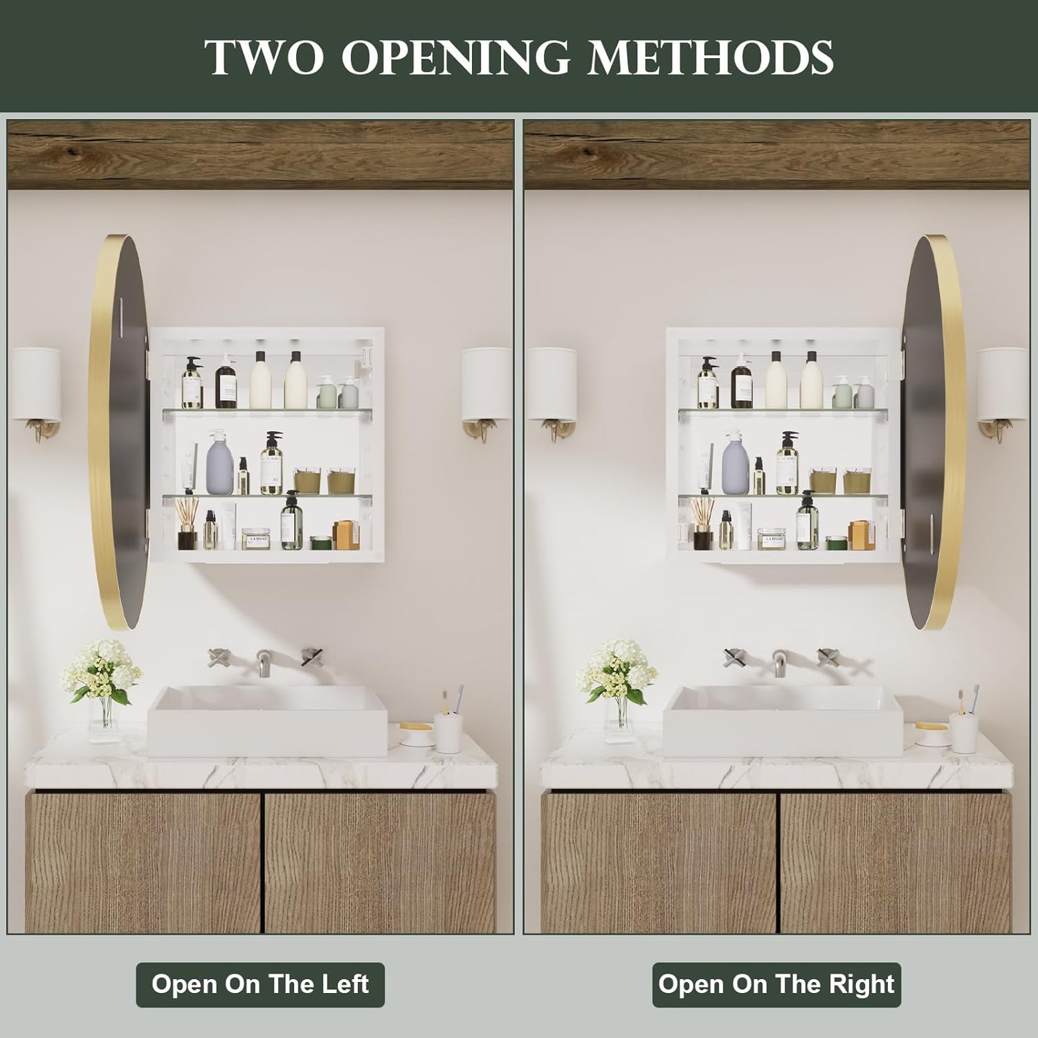 WallBeyond Bathroom Medicine Cabinet with Mirror, 24 Inch Gold Round Mirror Medicine Mabinet Wall Mounted with Aluminum Alloy Metal Framed, Surface Mount Medicine Cabinet with Storage