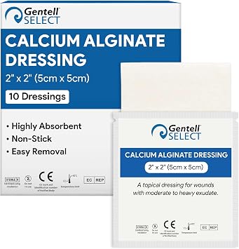 Calcium Alginate Wound Dressing, 2"x2" - 10 Sterile, Non Stick, and Highly Absorbent Pads for Wound Exudate - Good for Ulcers, Lacerations, Abrasions, and Minor Burns
