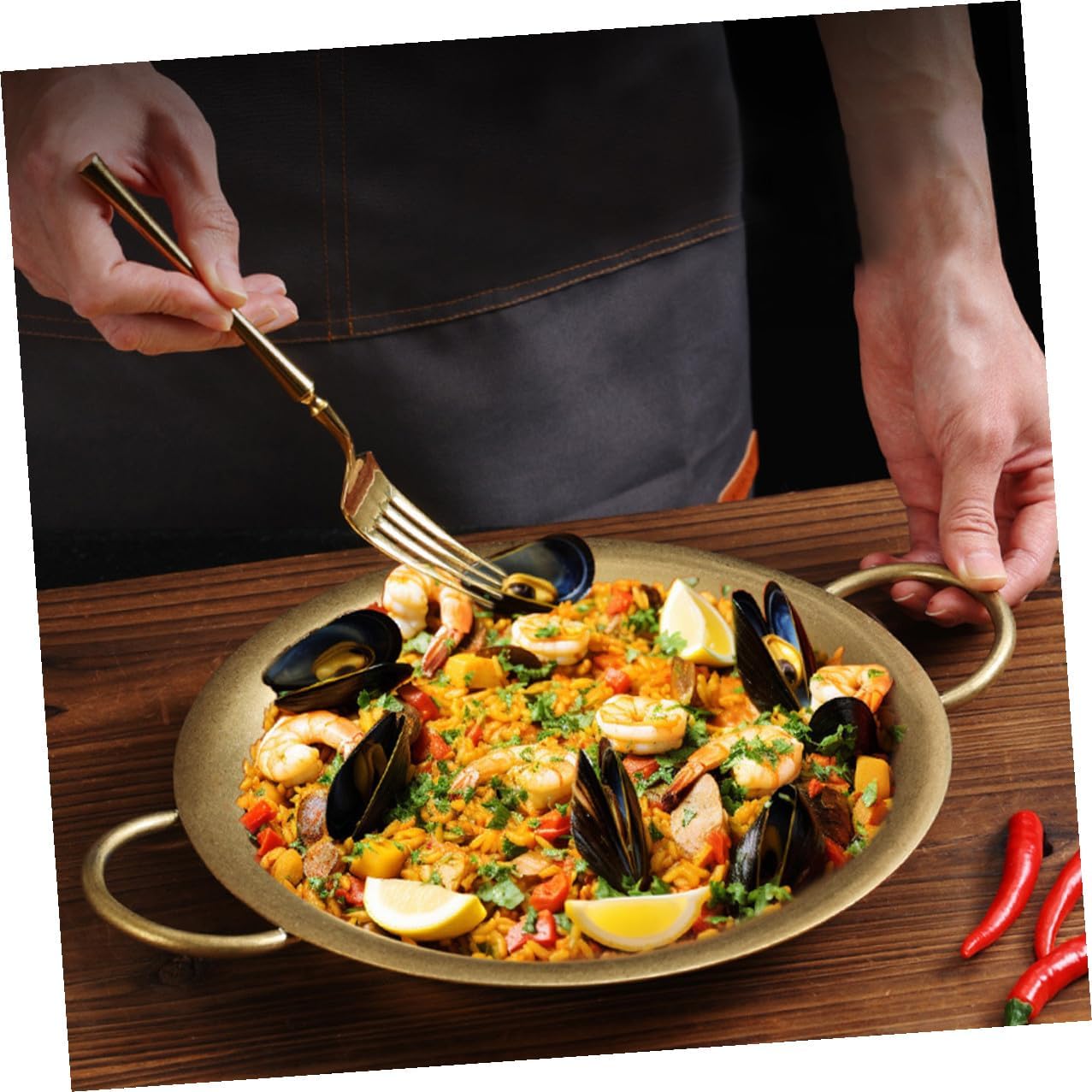SEWACC Stainless Steel Spanish Paella Pan 20.5cm Vintage Gold Double Handle round Serving Platter for Home Cooking and Rice Roll Steamer Use