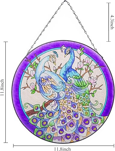 Miniatura 6 de Colgantes de ventana de cristal de pavo real de 11.8 pulgadas, decoración artística de pared de pavo real, panel atrapasoles con cadena (morado)