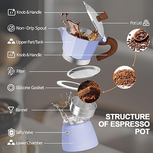 Miniatura 3 de Cafetera de aluminio 6 tazas de 10.1 fl oz Moka Pot Express, estufa de café expreso colorido, cafetera italiana clásica, Greca Café, máquina de moca