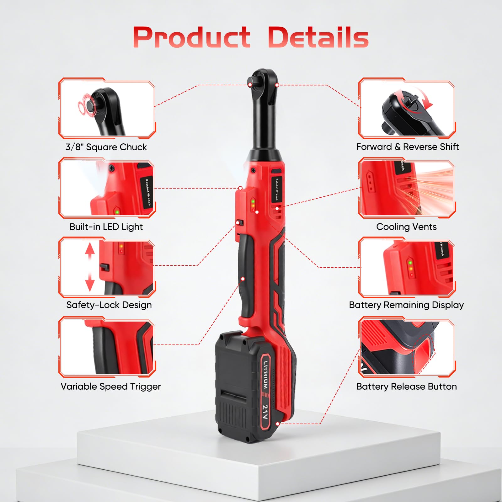 Avvitatore a cricchetto a batteria da 3/8", 60 Nm, chiave a cricchetto elettrica, regolazione continua della velocità con 2 batterie da 2,0 Ah, set di chiavi a cricchetto da 10 pezzi, ideale per