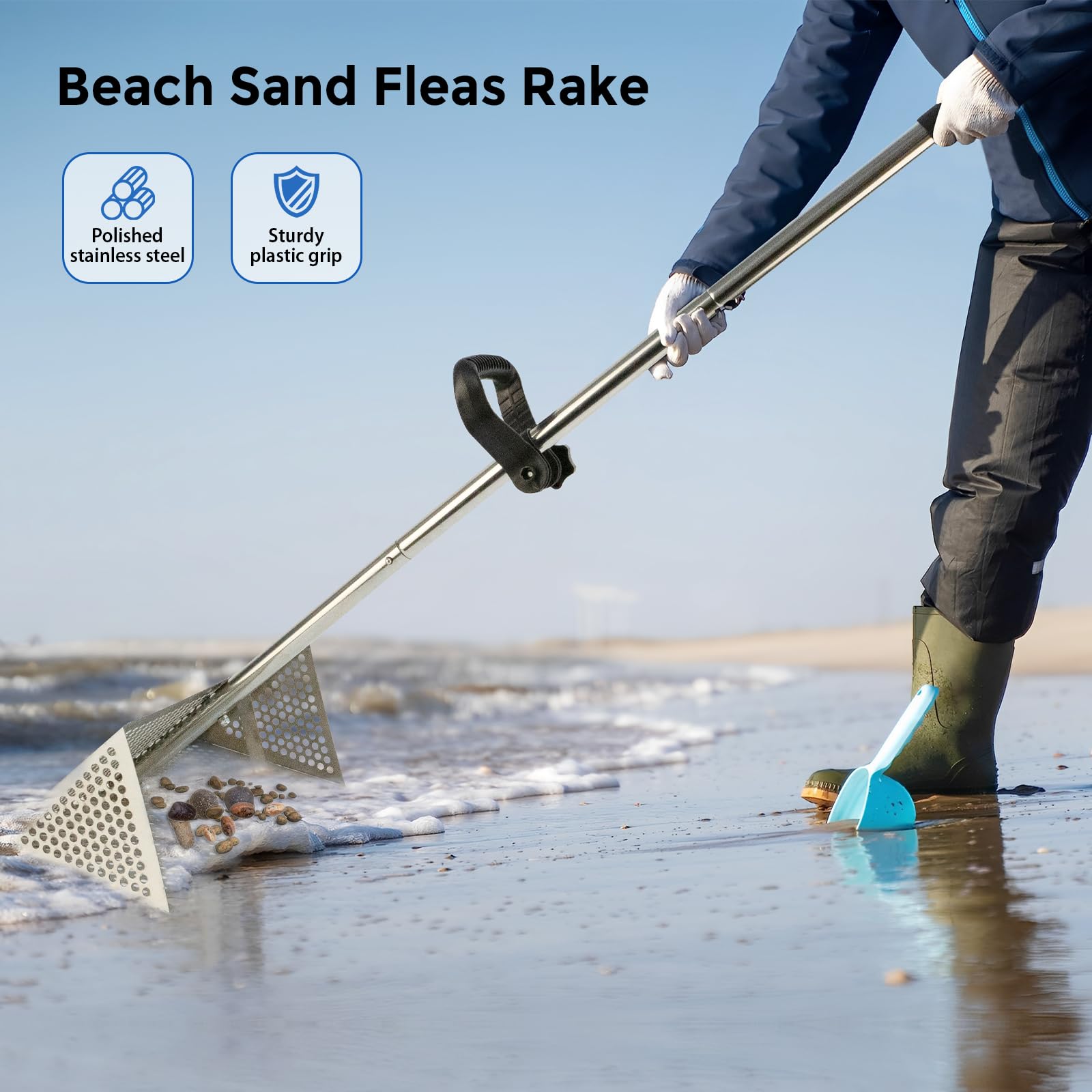 Rastrello da spiaggia, rastrello per pulci di sabbia, in acciaio inox con ampio cestello trapezoidale, rastrello per la spiaggia, rastrello di sabbia rimovibile con manico lungo, denti affilati