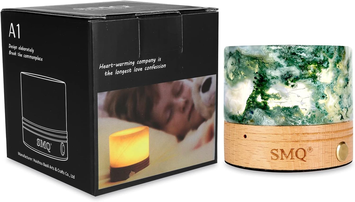 SMQ Moss Agate Crystal Night Light with USB Charging Port,Handmade Polished Healing Crystal Stones Lamp Cylindrical Touch Night Light for Living Room,Shelf,Office Decor