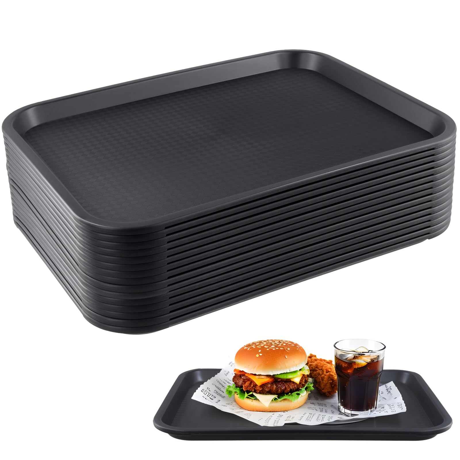 LEXININ 15 x Small Rectangular Black Plastic Trays 35 x 27 cm for Fast Food