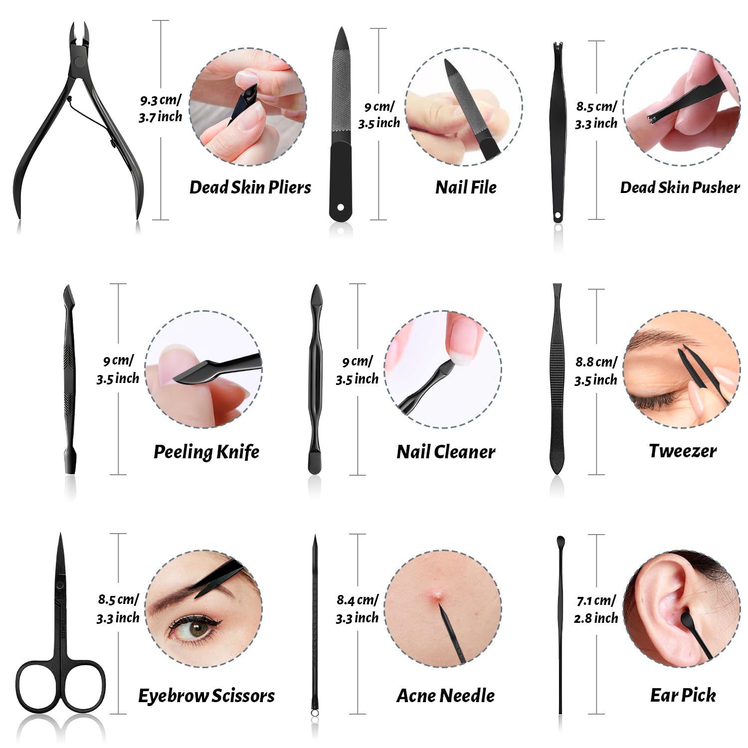 12-Częściowy Zestaw do Manicure, Narzędzia do manicure i Pedicure, Profesjonalny Zestaw do Manicure, Zestaw do Czyszczenia Paznokci w Domu, Zestaw do Pielęgnacji Paznokci z Czarną Skórzaną Podróżną
