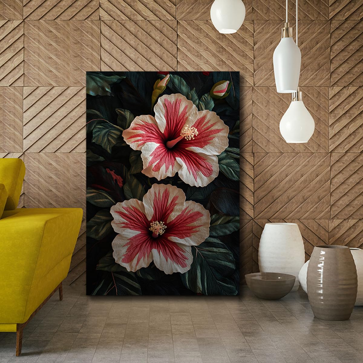 TOANGWALL Tropikalny hibiskus, płótno, sztuka ścienna, czerwone, różowe, kwiaty, malarstwo, ciemnozielone liście, dzieło sztuki, nowoczesny, oprawiony plakat, wydruki, obrazy ścienne do salonu, salonu