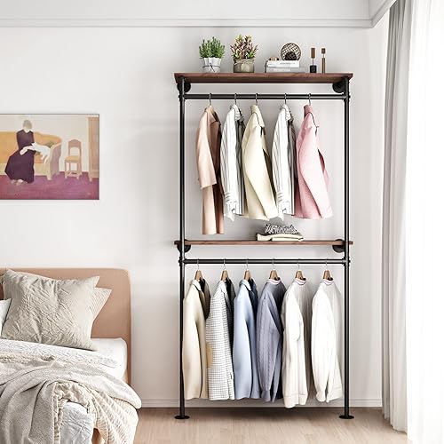 Miniatura 3 de DR.IRON Percheros industriales de tubería con estantes de 2 niveles, perchero negro montado en la pared con varillas dobles para colgar, estante de