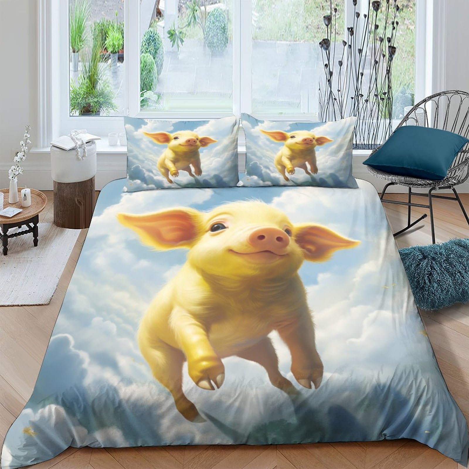 Parure de lit 3D Cochon Jaune housse de couette 220x240cm en microfibre avec taies