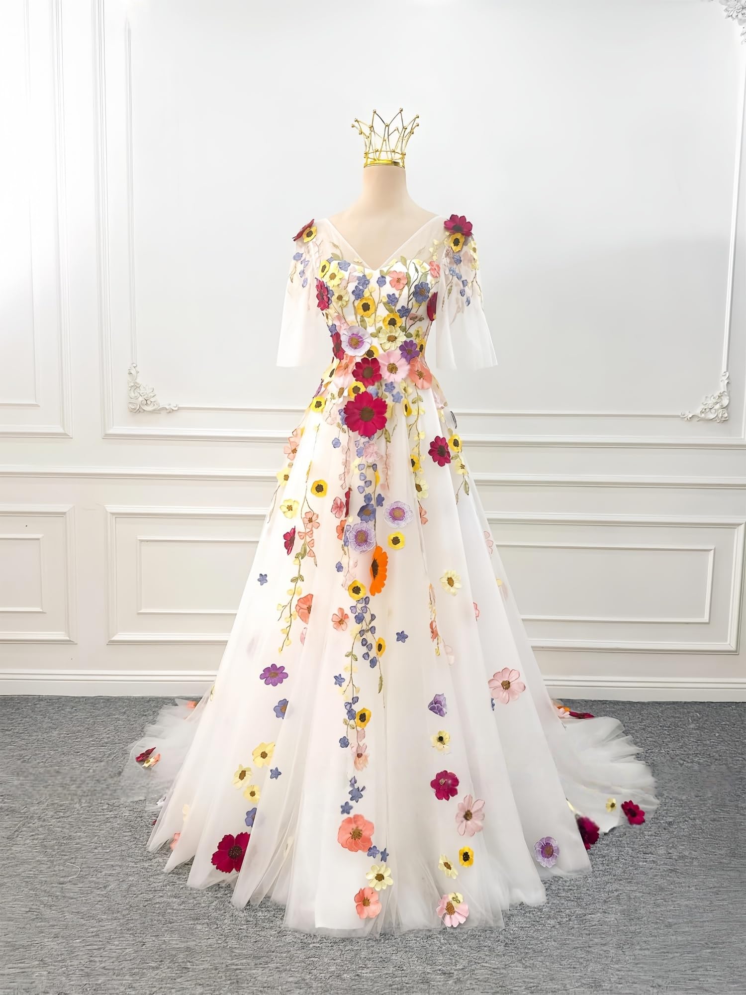 TSxuelian Fiori 3D Mezze Maniche Abito Da Sposa Ricamo Floreale Tulle Una Linea Puff Abiti Da Sposa per Le Donne Vestidos De Noche