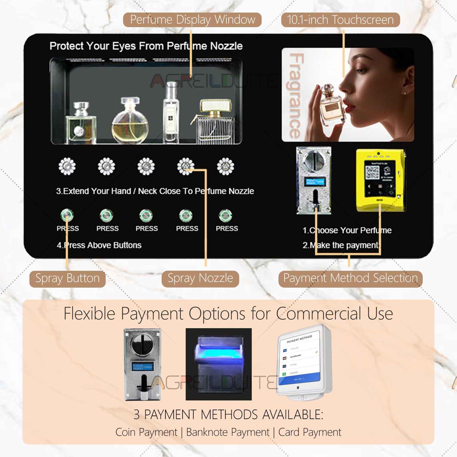 Distributore automatico di profumo con touchscreen e pagamenti di monete/carte, distributore automatico di profumo per uso commerciale in hotel, centri commerciali, palestre