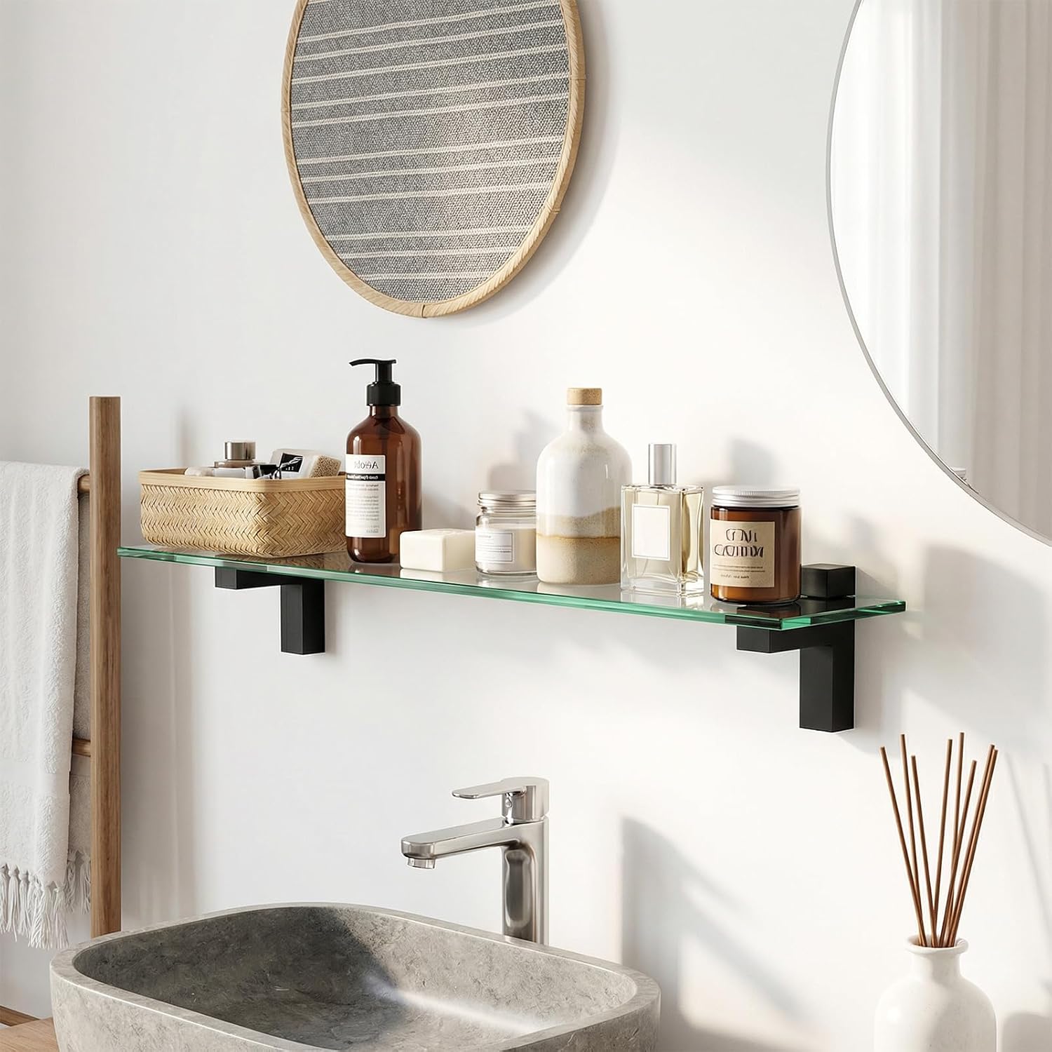 MAQUITA 6-Pack Shelf Brackets for Glass Floating Shelves, Heavy Duty Zinc Alloy Adjustable Wall Mount Floating Shelves for Wall, Black Clamp Supports for 1/8"-1.1" Thick Glass/Wood