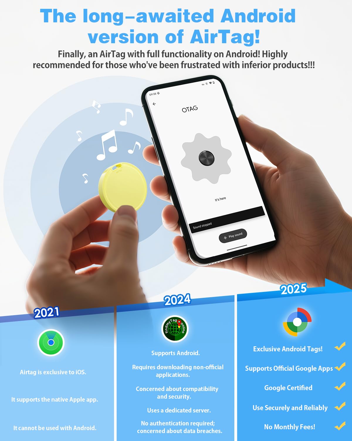 Tracker pour Android, lot de 1 tracker Android, étiquettes de suivi Android, durée de vie de la batterie de 2 ans, traqueurs Google Find pour l'application Google Find Hub, étanche IP65 pour clés