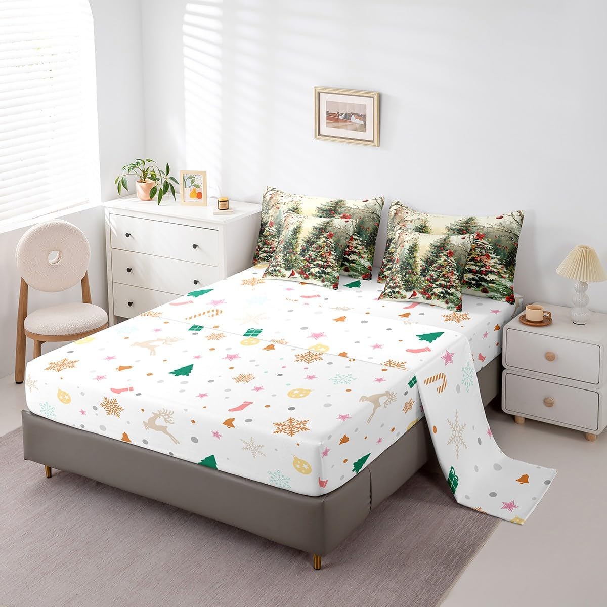 Erosebridal Christmas Comforter Set 7 Pcs Twin,Green Christmas Trees Bedding Set for Kids Child Teens,Red Xmas Bells Sheet Set,Cardinal Bird Bed in a Bag,Jungle Wildlife Botanical Sheets,Red Green