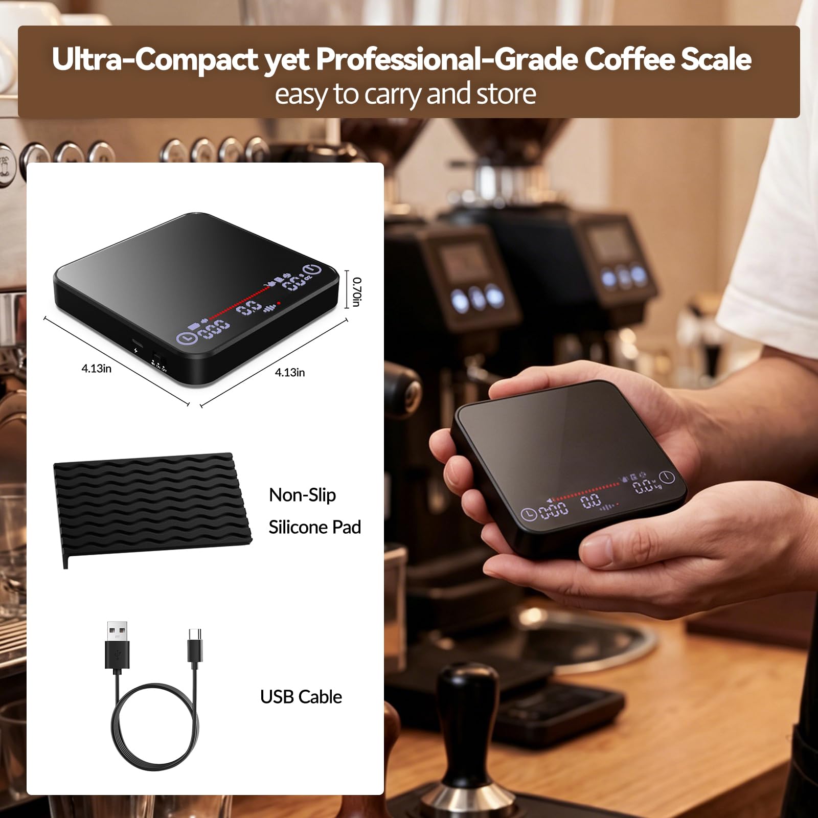 Mini-Kaffeewaage mit Timer, wiederaufladbare Espresso-Skala und Durchflussanzeige, 2 kg/0,1 g, automatische Tare, LED-Display, zum Übergießen, Tropfkaffee, Espresso, Silikonabdeckung (schwarz