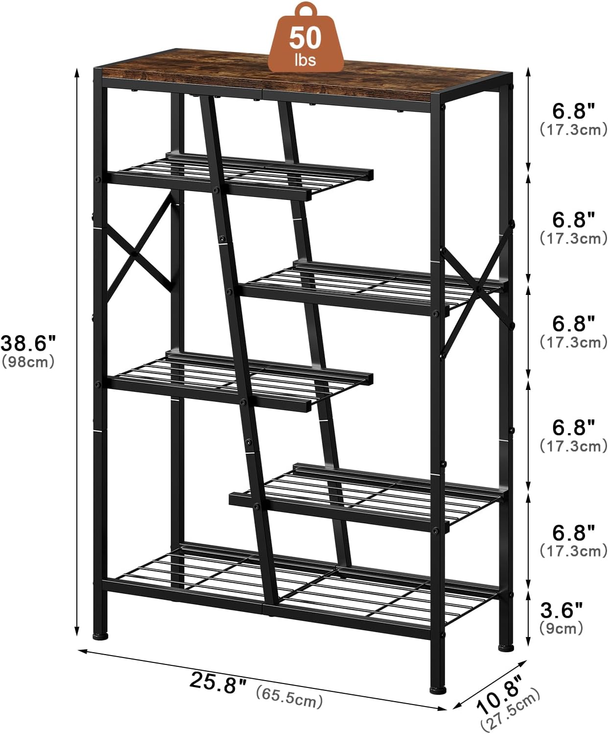 Shoe Rack, 6-Tier Boot Rack, Wooden Storage Organizer for Tall Boots, Sneakers, Metal Shoe Rack Organizer with Metal Mesh Shelves, 10-12 Pairs of Shoes for Closet, Entryway, Rustic Brown