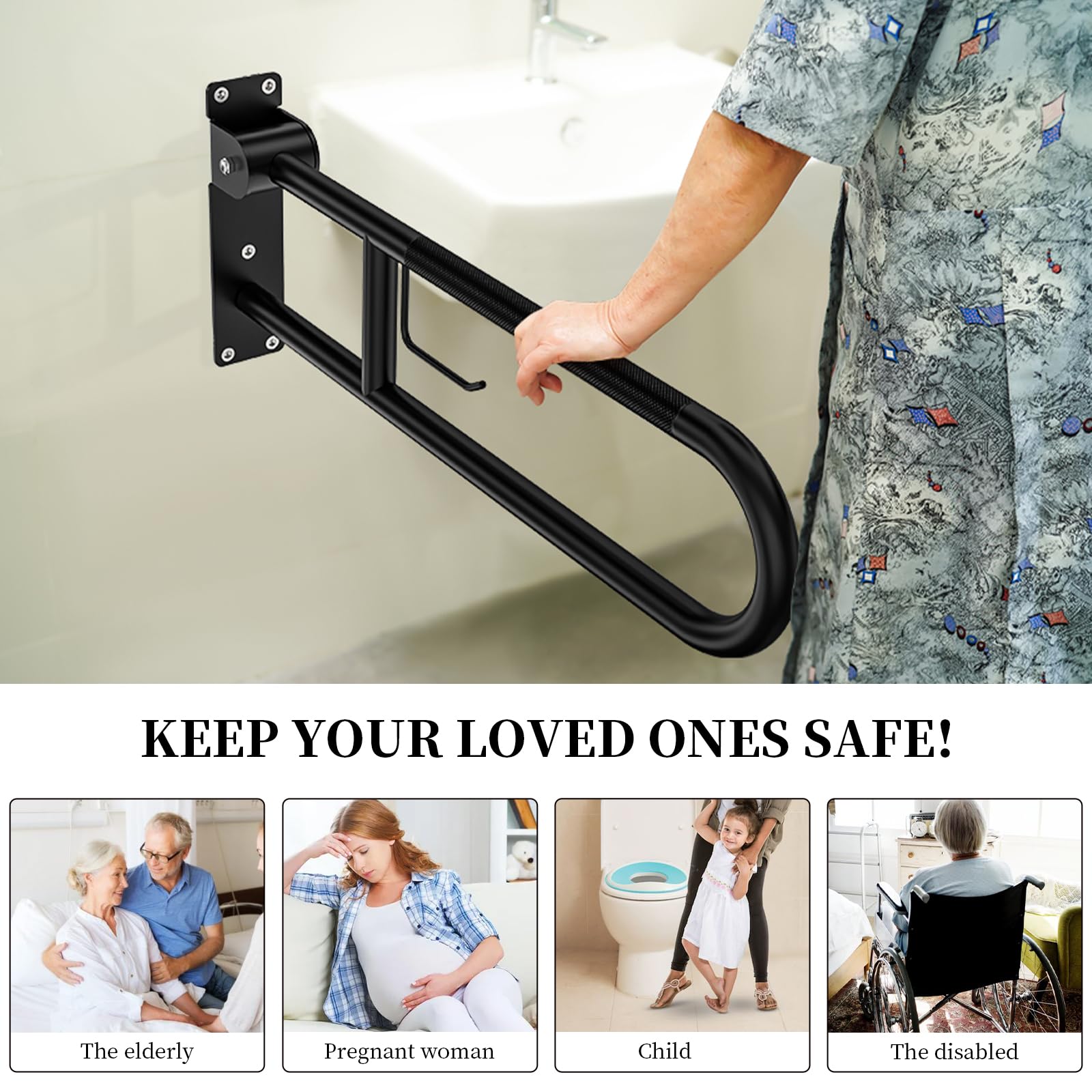 ZUEXT Maniglia per WC ribaltabile a forma di U, 80 cm, con porta carta | Corrimano di sicurezza antiscivolo pieghevole per bagno, in acciaio inox, per anziani, disabili, incinte