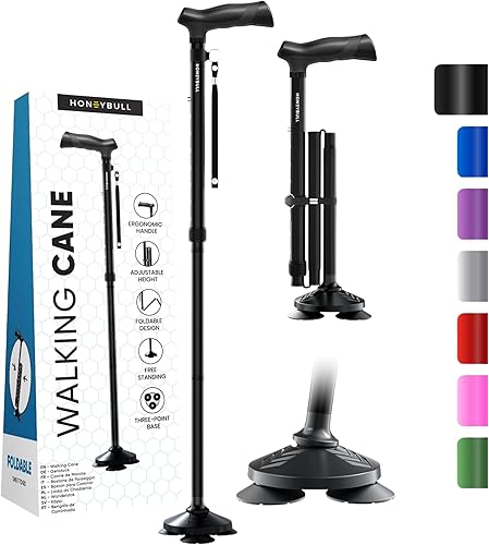 Miniatura 3 de HONEYBULL Paquete doble de bastón para hombres y mujeres, plegable, ajustable, plegable, bastón de pie, punta de pivote, resistente, bastones