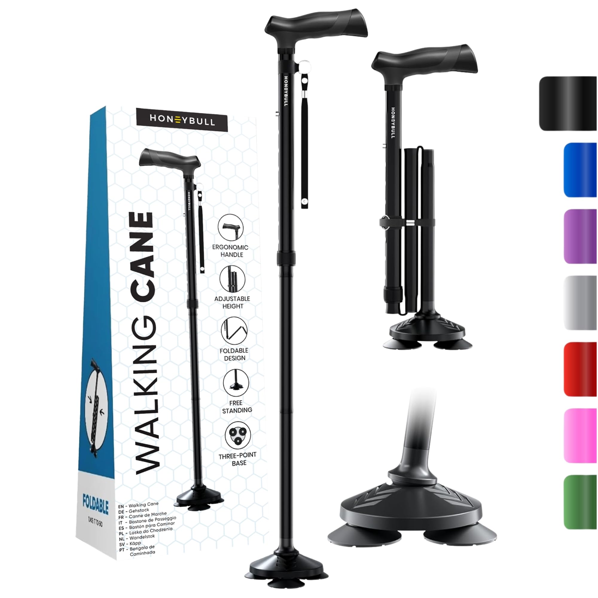 HoneyBull Walking Cane for Men & Women | Free Standing, Foldable, Pivot Tip [Black]