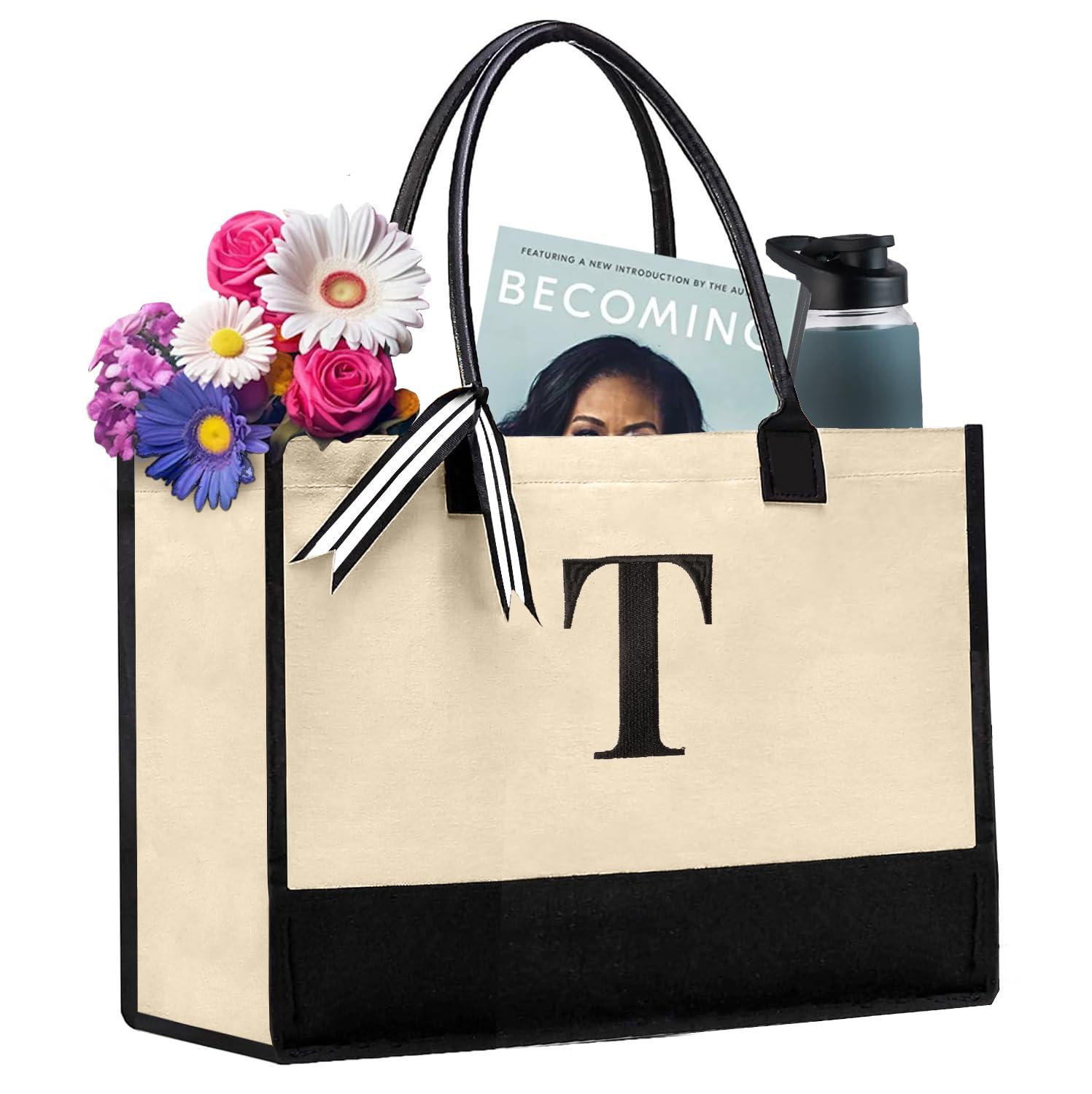 100% Cotton Personalized Everyday Canvas Initial Tote Bag for Women, Monogrammed Large Utility Bag for Beach, Travel, Grocery, Best Gift For Birthday, Retirement, Bridesmaid and Friend