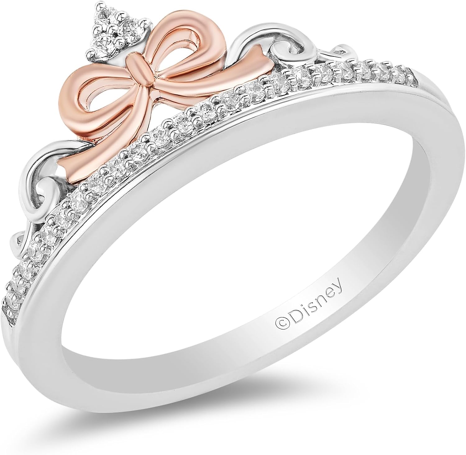 Jewelili Enchanted Disney Fine Jewelry 14K Rose Gold over Sterling Silver with 1/10 CTTW Diamond Snow White Bow Ring