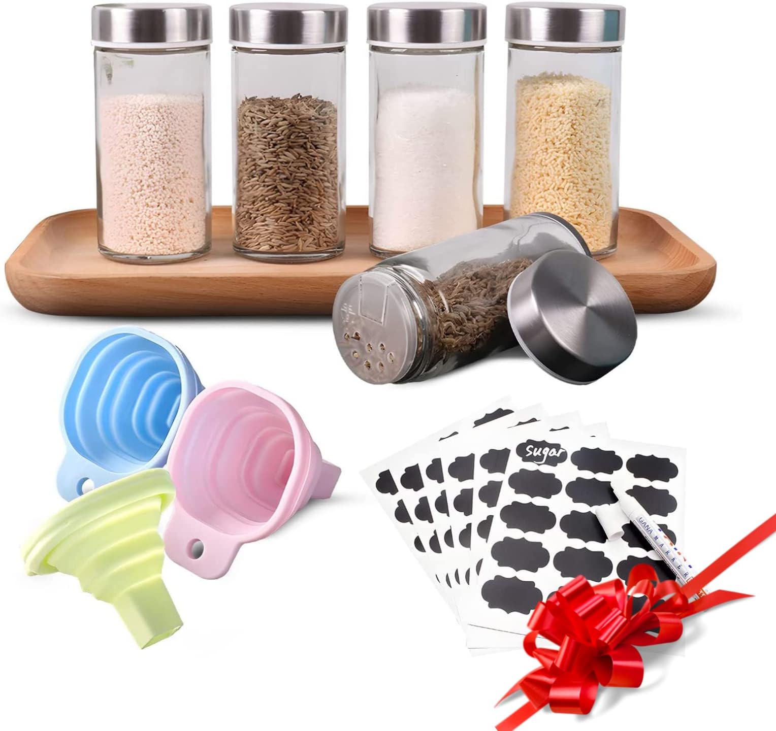 Set of 5 Glass Spice Jars with Airtight Lids and Labels, GOODDA Seasoning Bottle for Food Storage, Home and Kitchen Storage Containers With Funnel & Sift and Pour Shaker Lid For Candy/Sugar/Nuts/Honey