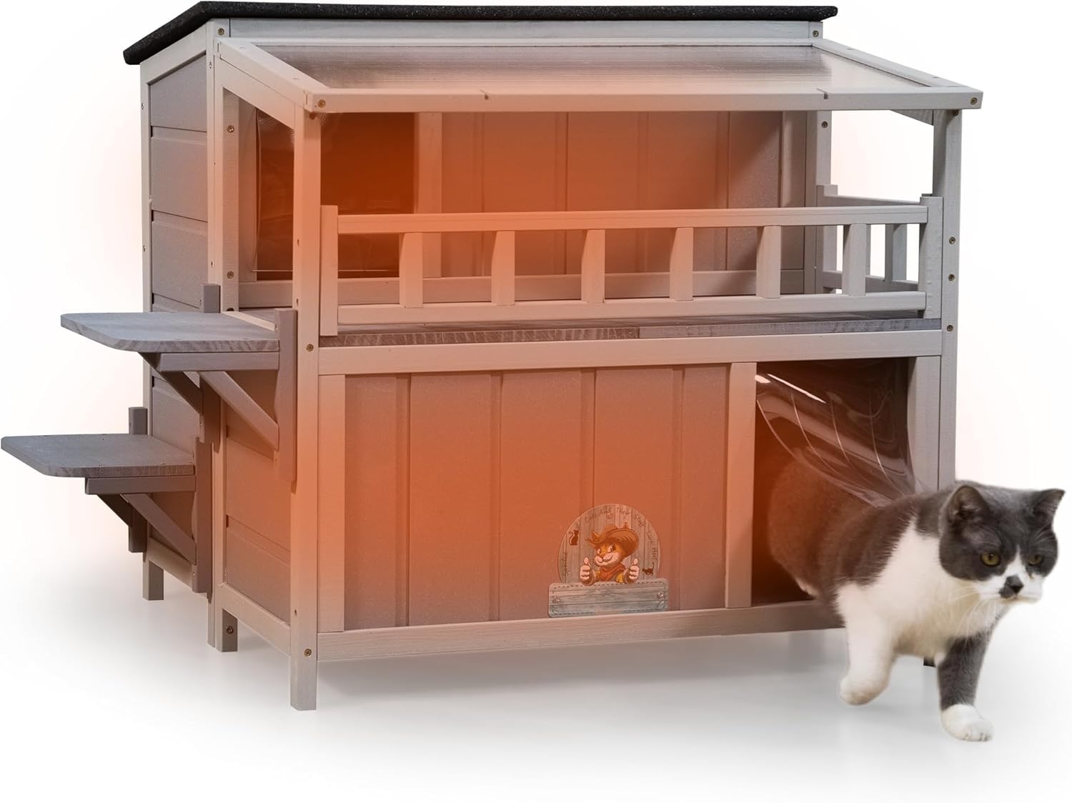 Insulated Outdoor Cat House, Wood Cat Shelter with Sunlight Roof, Balcony, Jumping Platforms, Kitty Pet Porch Enclosure, Weatherproof, Openable 2-Tier Warm
