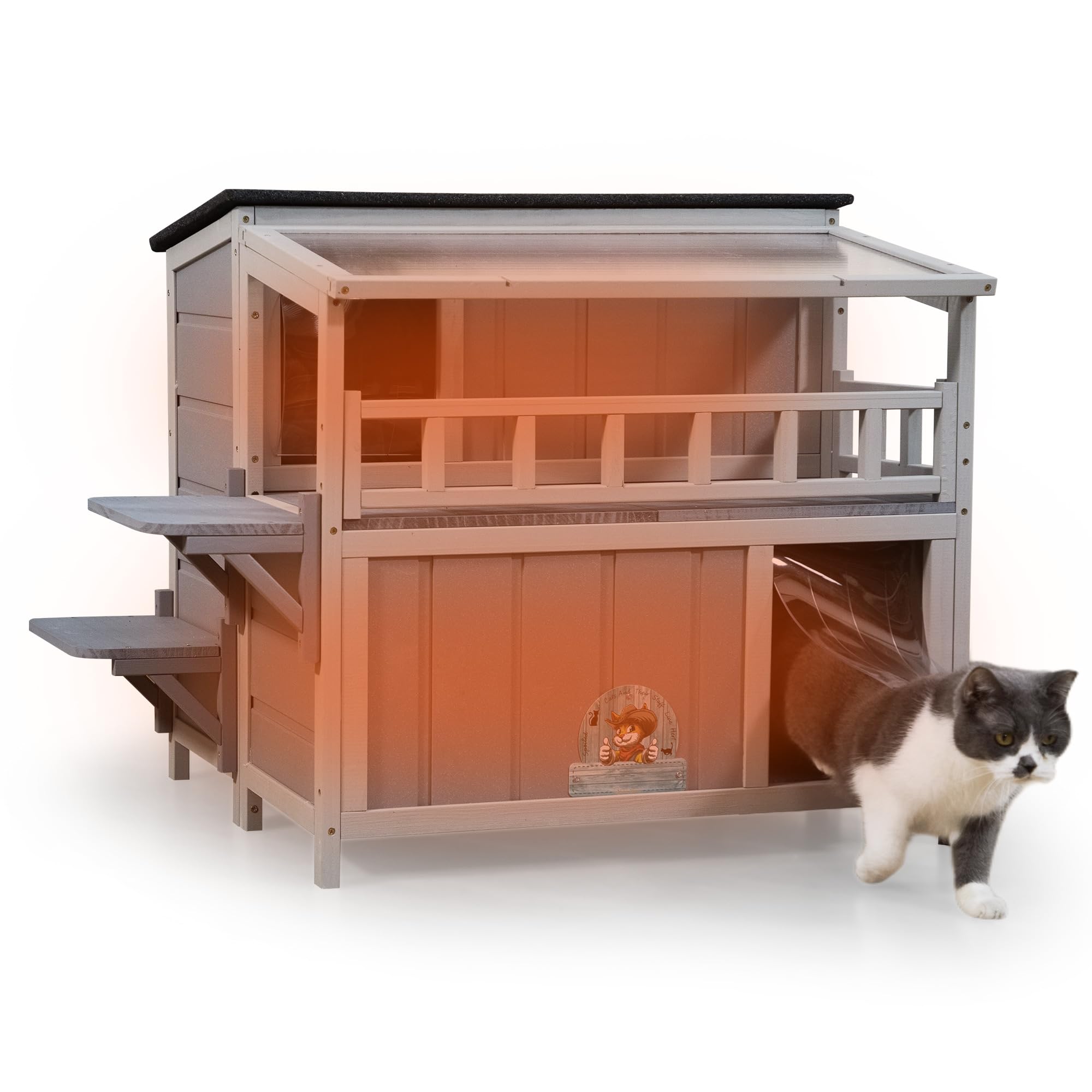 Insulated Outdoor Cat House, Wood Cat Shelter with Sunlight Roof, Balcony, Jumping Platforms, Kitty Pet Porch Enclosure, Weatherproof, Openable 2-Tier