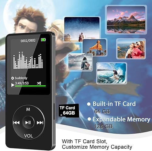 Miniatura 3 de Reproductor de música MP3 Bluetooth con tarjeta TF de 64 GB, mini reproductores MP3 portátiles con altavoz y auriculares, compatible con reloj