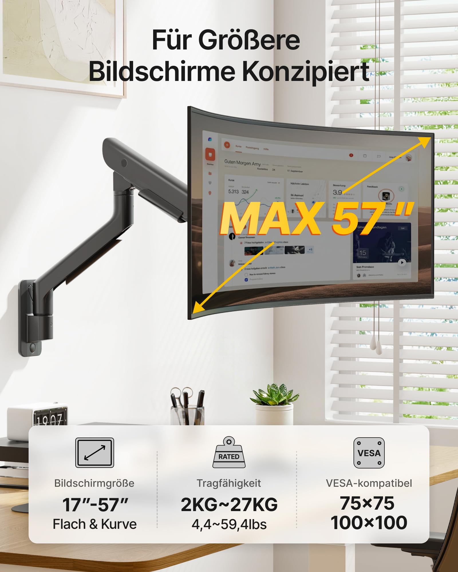 monTEK Supporto da parete singolo per monitor ultrawide da 17 a 57 pollici, fino a 27 kg, in alluminio ad alta resistenza con regolazione dell'altezza, funzione pneumatica, VESA 100 x 100/75 x 75
