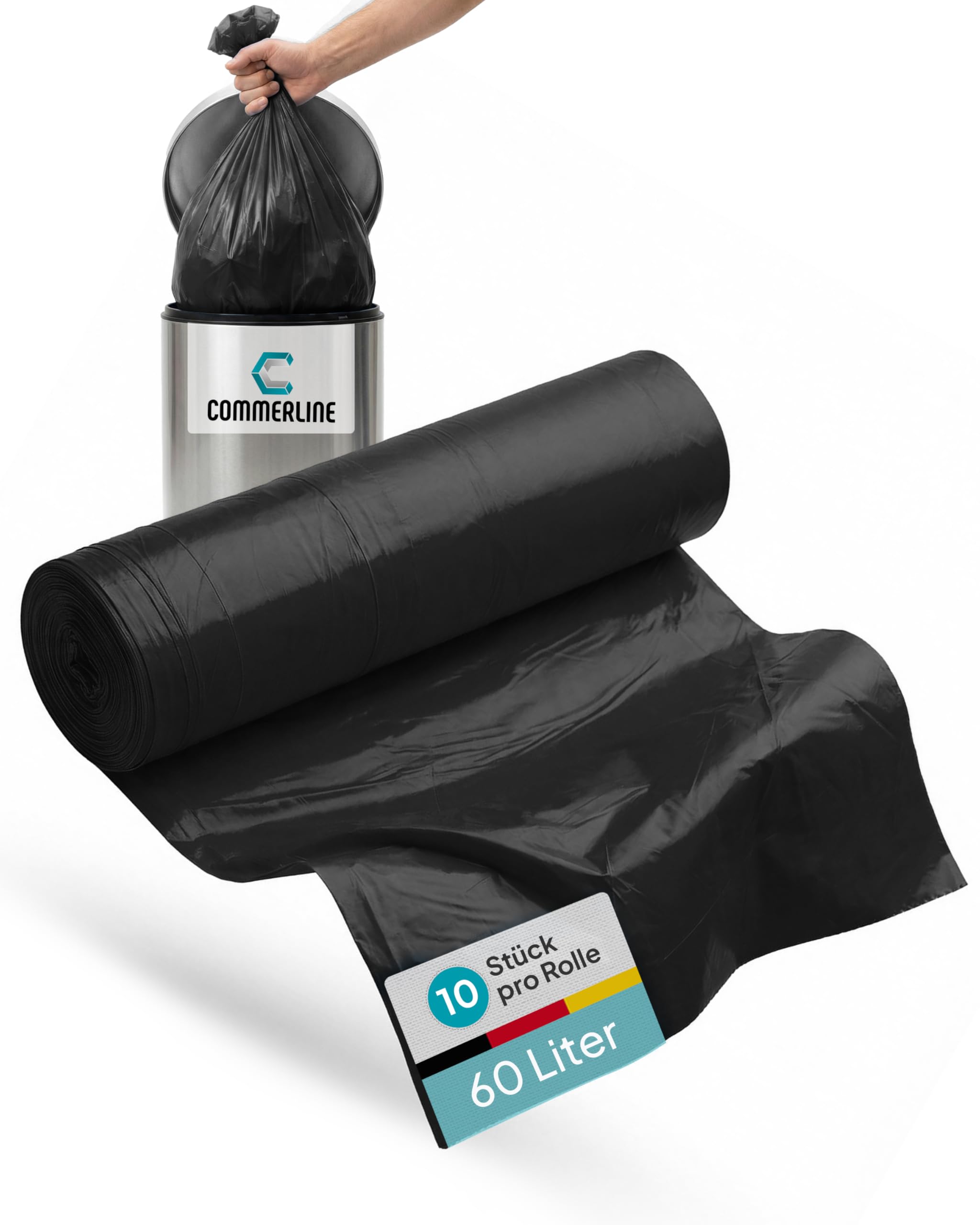 Commerline Müllsäcke 60 L – 200 Stück, Schwarz, 60x80 cm | Reißfest & Auslaufsicher | Für Haushalt, Büro, Gewerbe & Gastronomie