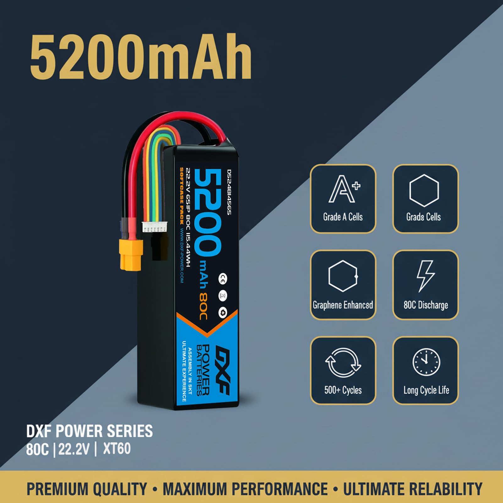 DXF batería LIPO 6S de 22.2V Battery con 5200 mAh y 80 C, 2paquetes con Conector XT60 para Drones, multicópteros, Aviones RC, helicópteros RC, Coche RC, Barco RC- Potencia y duración inigualable