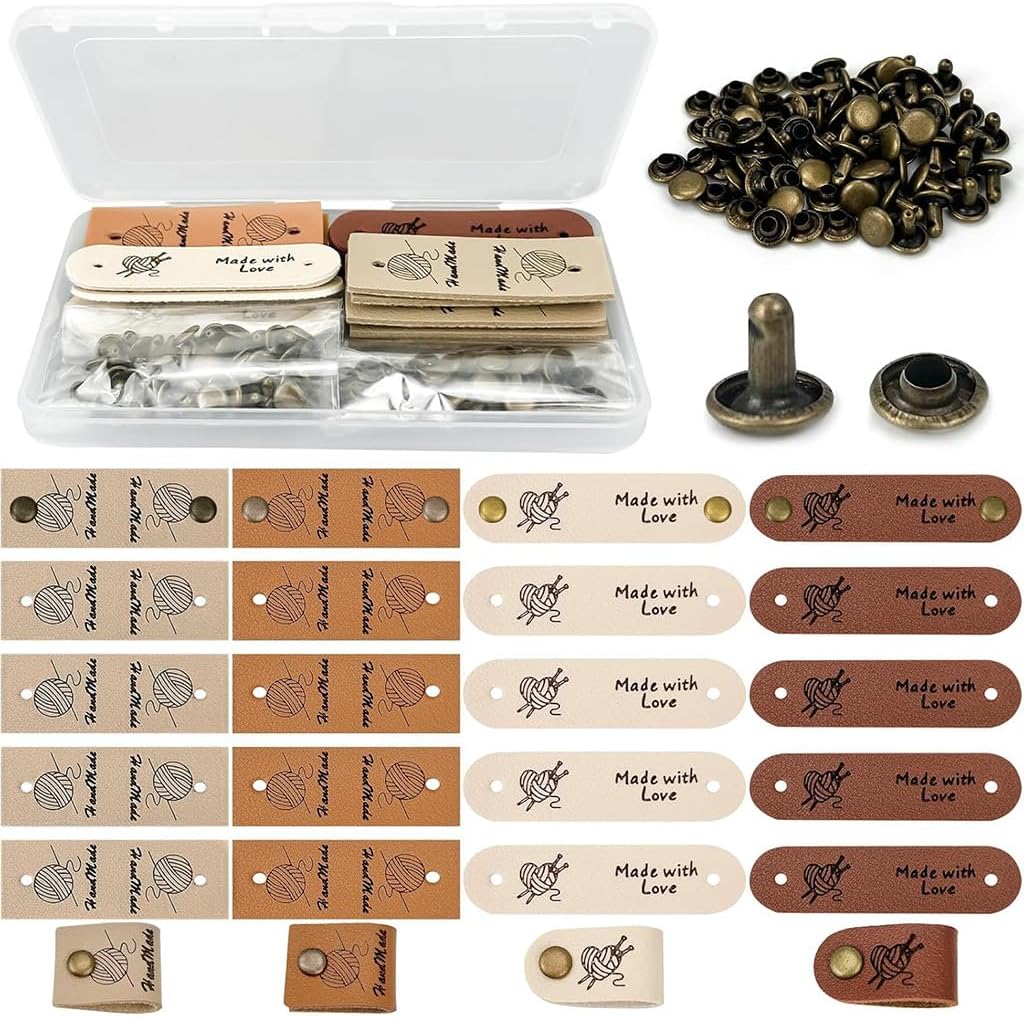 OFIFO® 20Pcs Vintage Print DIY Leather Tags with Rivet Buckles, Fashion Pre-Punched 4-Color PU Leather Labels for Handmade Clothing, Bags, and Crafts Decoration
