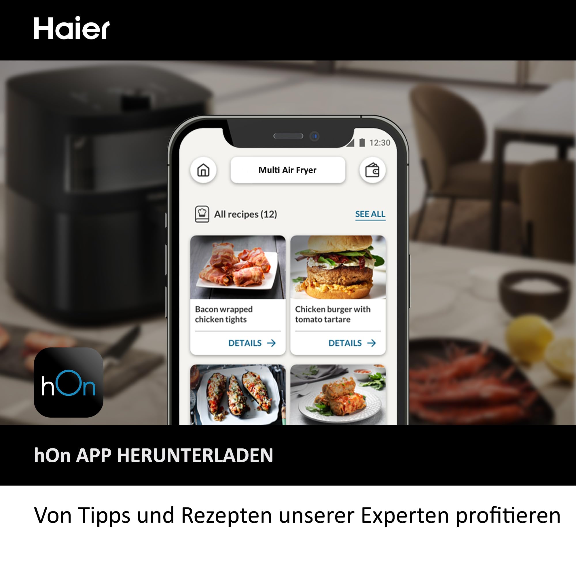 Haier Heißluftfritteuse mit Glasfenster I Airfryer mit 9 Programmen & 7 Liter Fassungsvermögen I 1700W Fryer mit LED Display I Fritteuse Heißluft ohne Fett I spülmaschinenfest [Serie 5 - HAF5TWA]