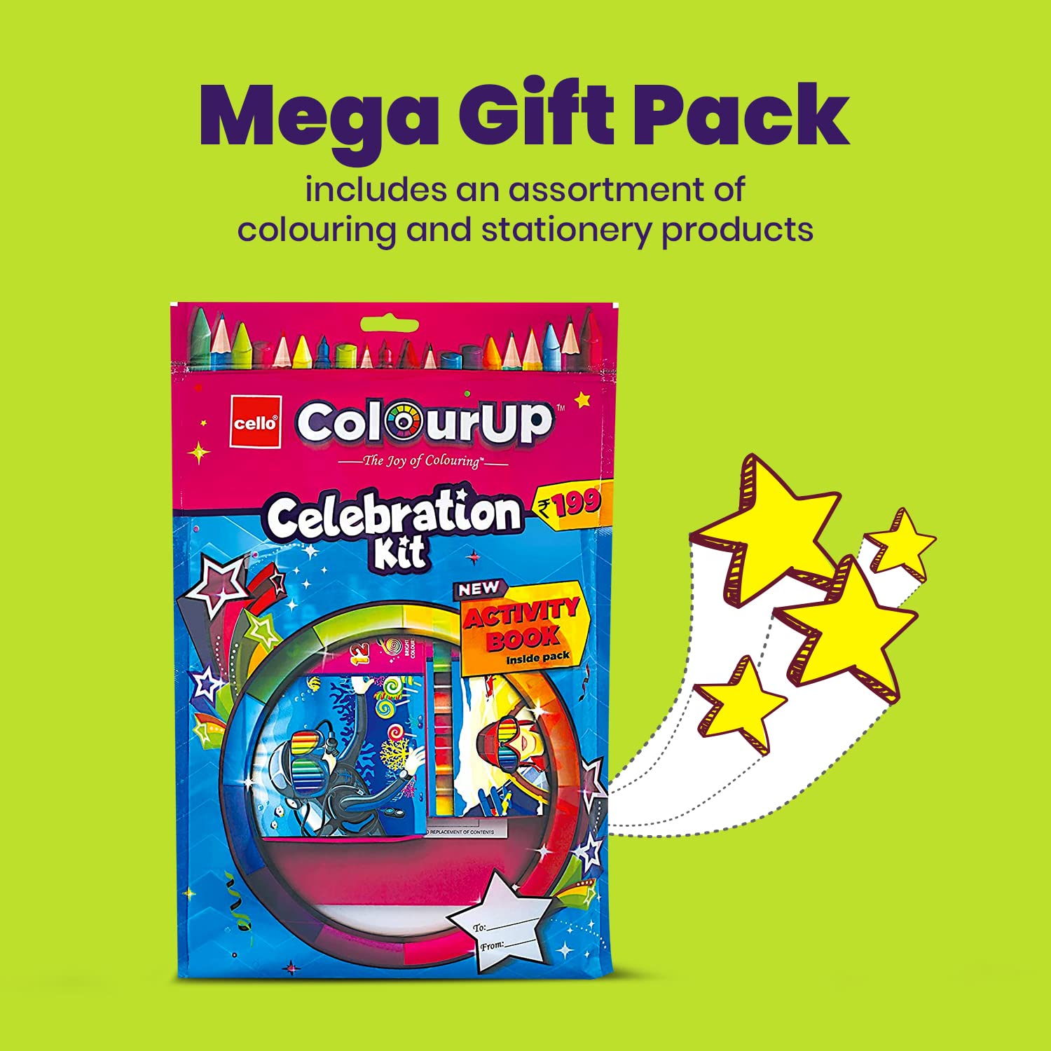 Cello Colourup Celebration Kit Mega Gift Pack|Kids Colouring Set|1 Gel Pen|12 Crayons|15 Oil Pastels Colouring Set|15 Mini Sketch Pens|1 Eraser|1 Smarty Mechanical Pencil|Assorted (Pack of 2)