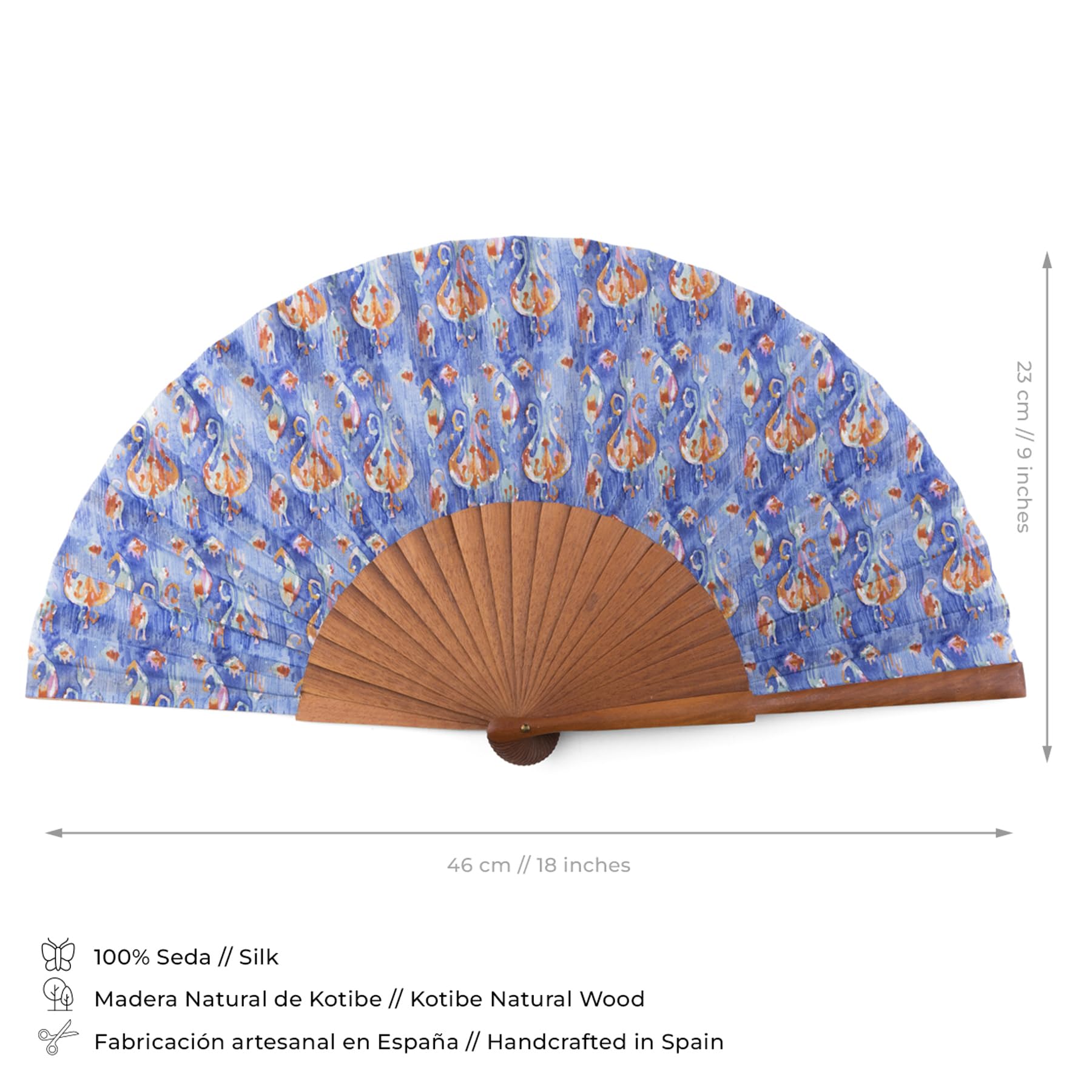 Fächer aus Seide und spanischem Holz | handgefertigt in Valencia | Ikat-Farbdruck | Samtbezug inklusive | originelles und handgefertigtes Geschenk | Ikat-Kollektion