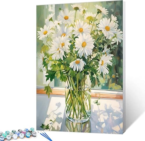 Vista 2 de Tucocoo White Daisy - Pintura por números para adultos, flores blancas con hojas verdes en jarrón, kits de pintura al óleo, lienzo con pintura Flor